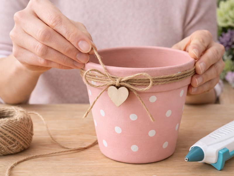How to embellish pot with twine & heart - Charming Mother's Day Succulent Pot DIY tutorial