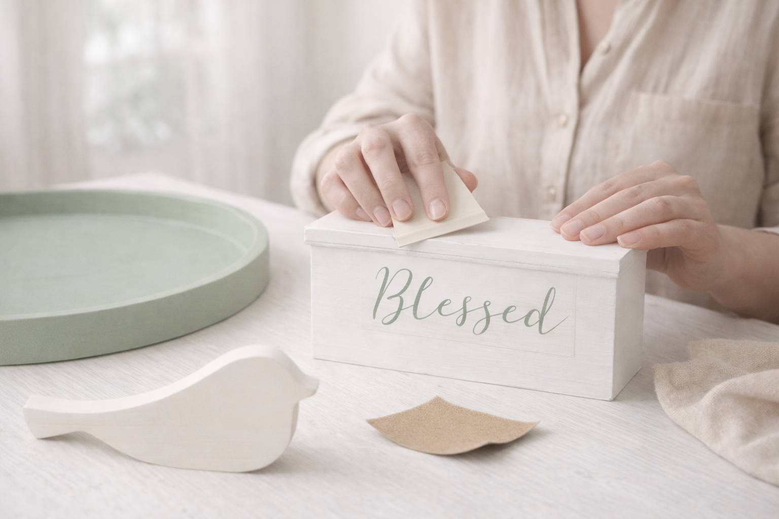 How to apply 'blessed' & distress sign - Chic & Blessed: Minimalist Farmhouse Tray Decor DIY tutorial