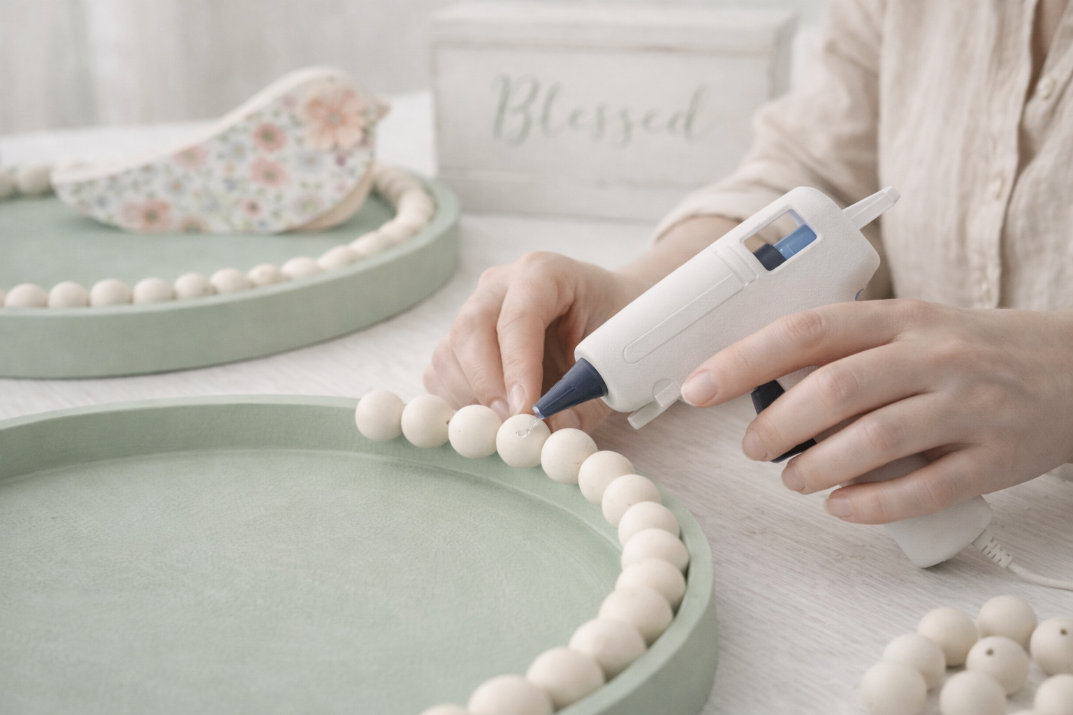 How to attach bead garland - Chic & Blessed: Minimalist Farmhouse Tray Decor DIY tutorial