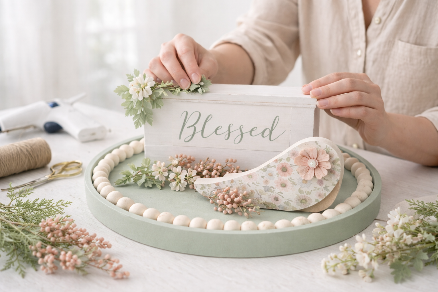 How to final floral embellishments - Chic & Blessed: Minimalist Farmhouse Tray Decor DIY tutorial