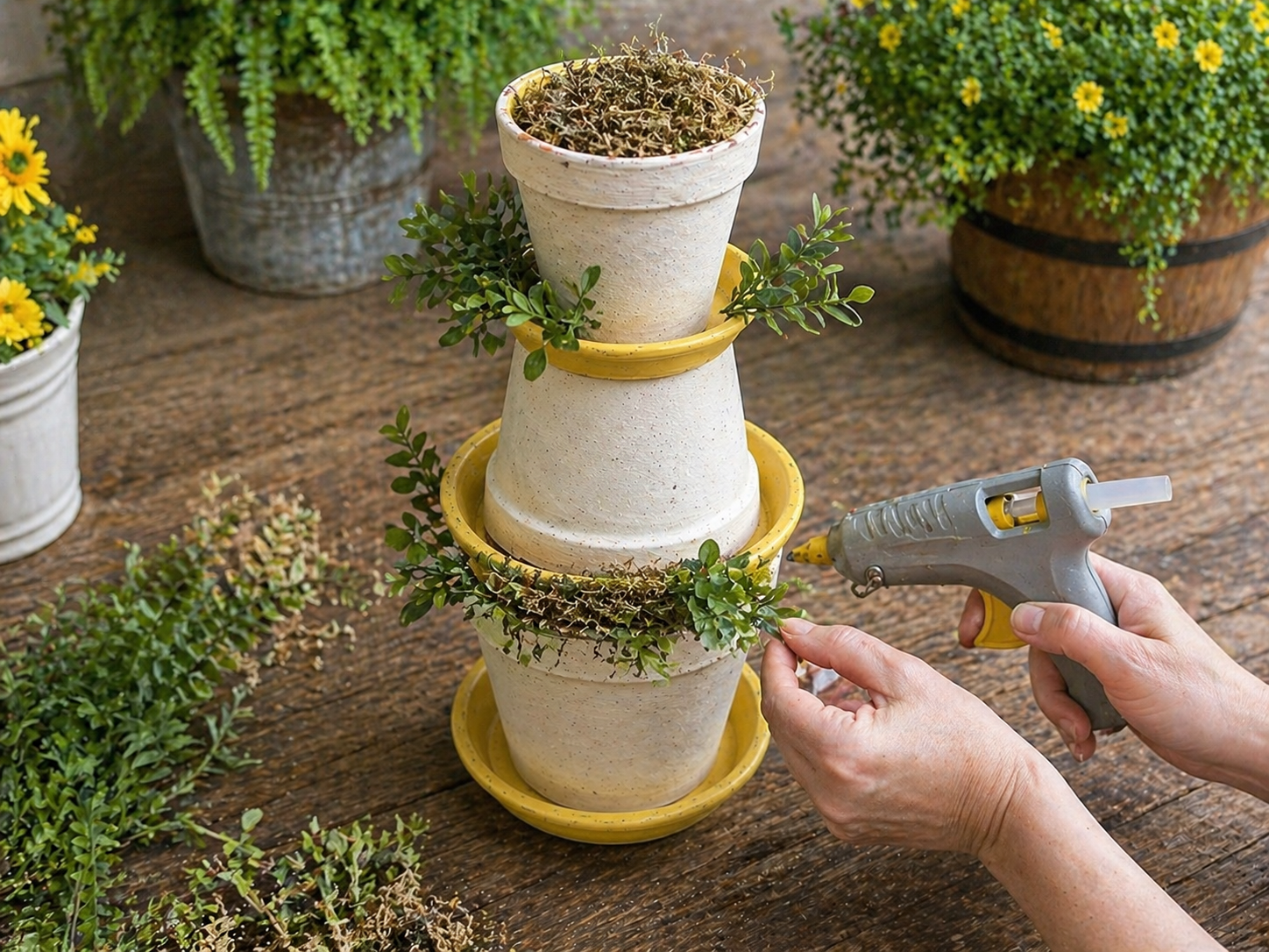 How to fill with filler & greenery - DIY Dollar Tree Tiered Floral Porch Arrangement DIY tutorial