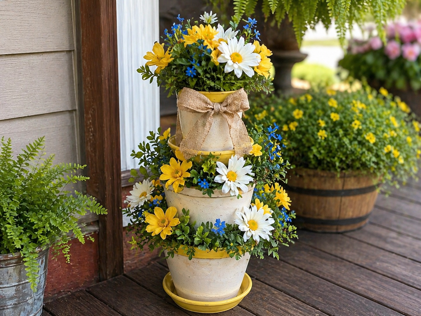 How to add burlap bow & final adjustments - DIY Dollar Tree Tiered Floral Porch Arrangement DIY tutorial