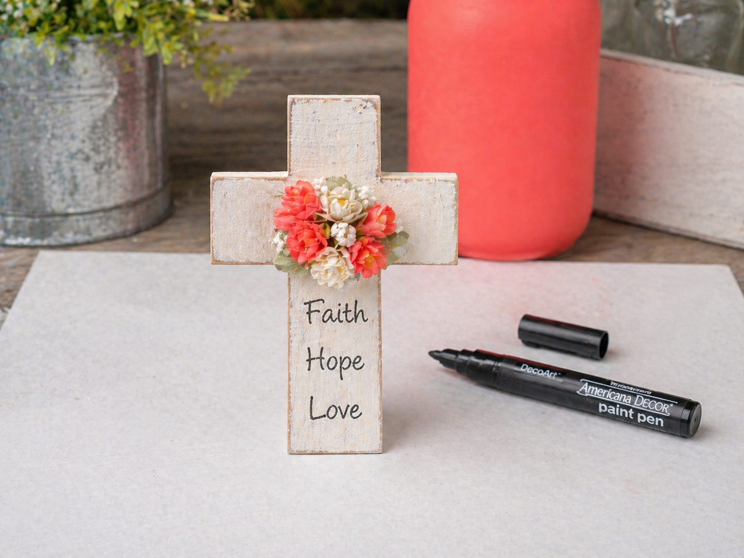 How to embellish the decorative cross - DIY Inspirational 'Faith, Hope, Love' Floral Jar Arrangement DIY tutorial