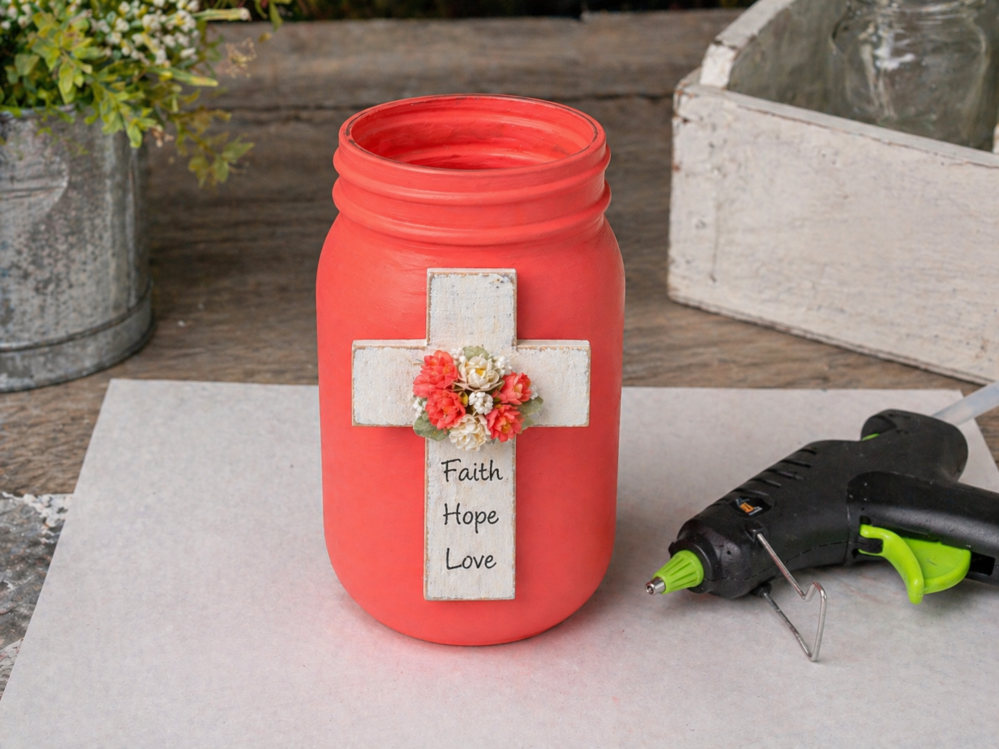 How to attach cross to jar - DIY Inspirational 'Faith, Hope, Love' Floral Jar Arrangement DIY tutorial