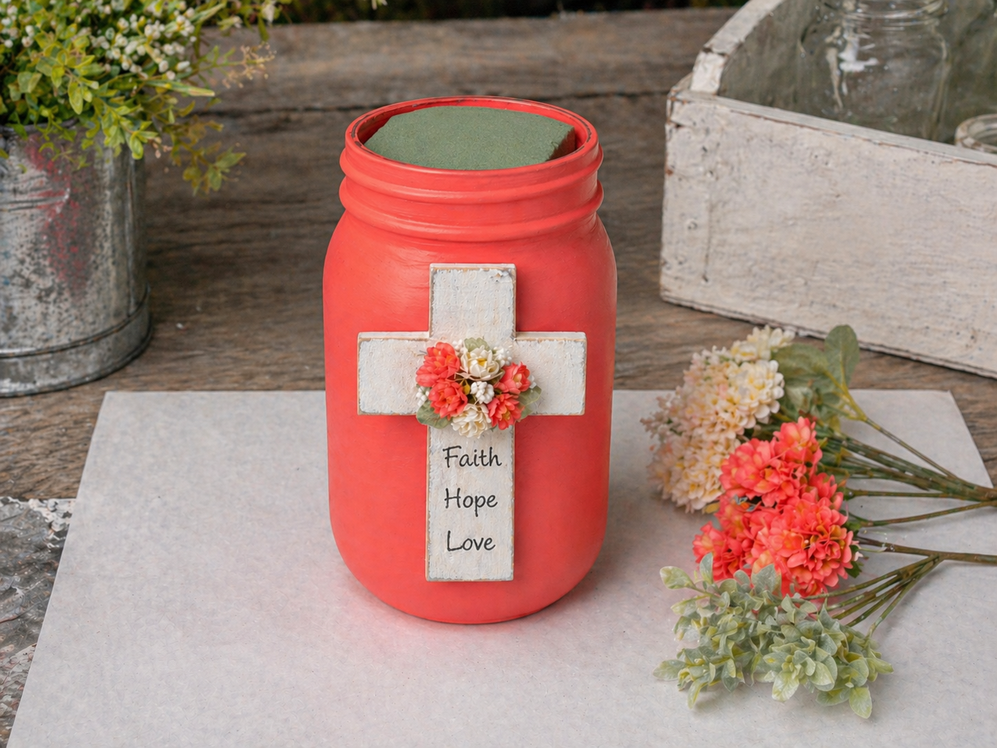 How to prepare floral base - DIY Inspirational 'Faith, Hope, Love' Floral Jar Arrangement DIY tutorial