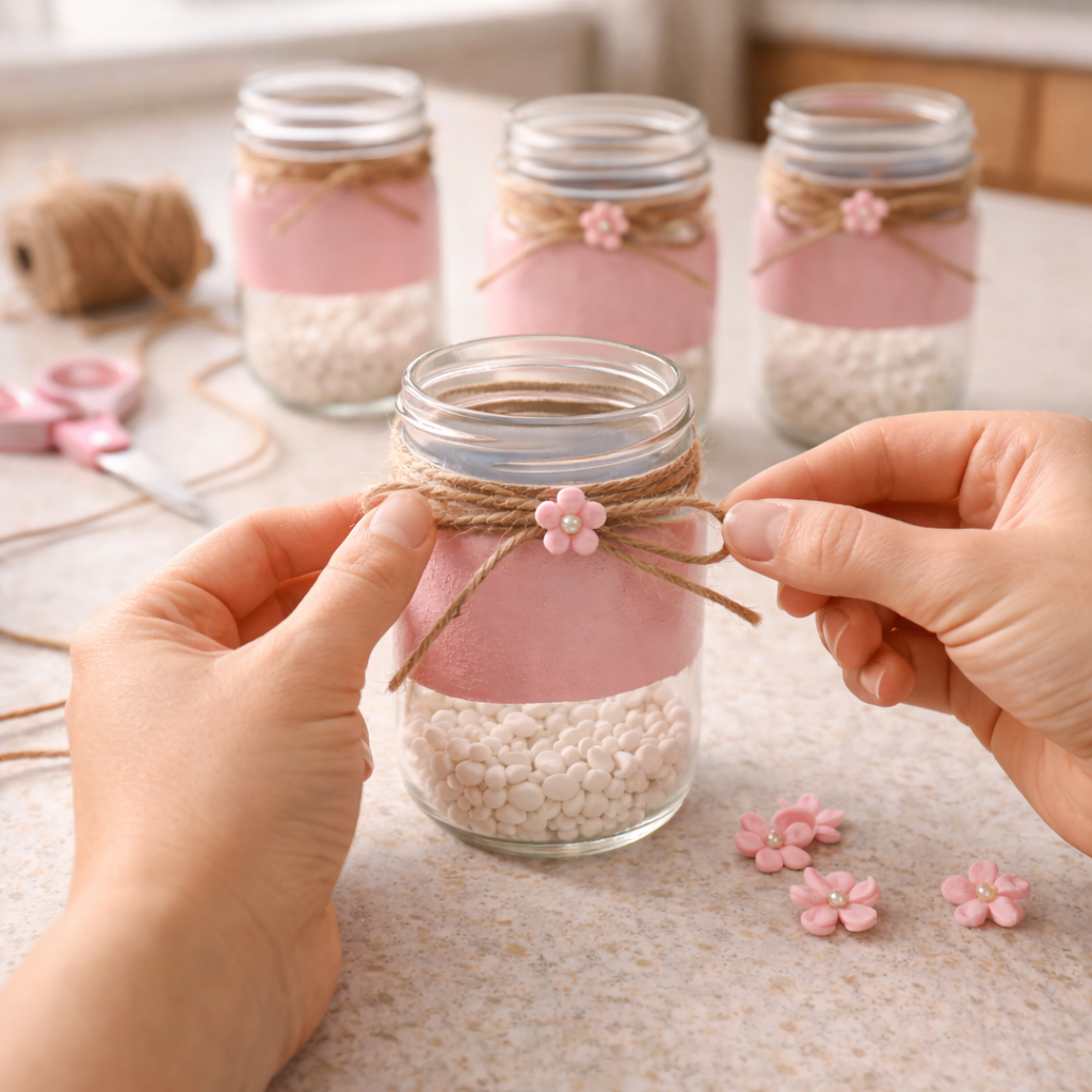 How to adorn with twine bows - DIY Mother's Day Floral Photo Jars DIY tutorial