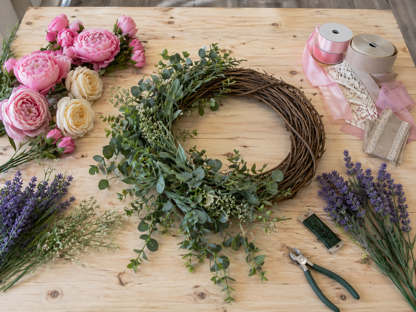 How to anchor main greenery - Easy DIY Mother’s Day Wreath with Pink Peonies DIY tutorial