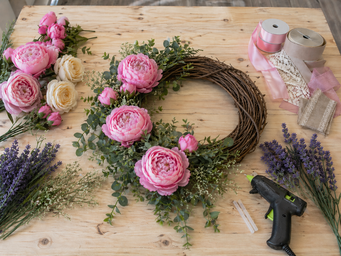 How to place focal flowers - Easy DIY Mother’s Day Wreath with Pink Peonies DIY tutorial