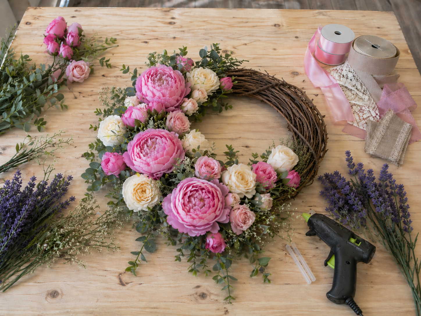 How to integrate medium roses - Easy DIY Mother’s Day Wreath with Pink Peonies DIY tutorial