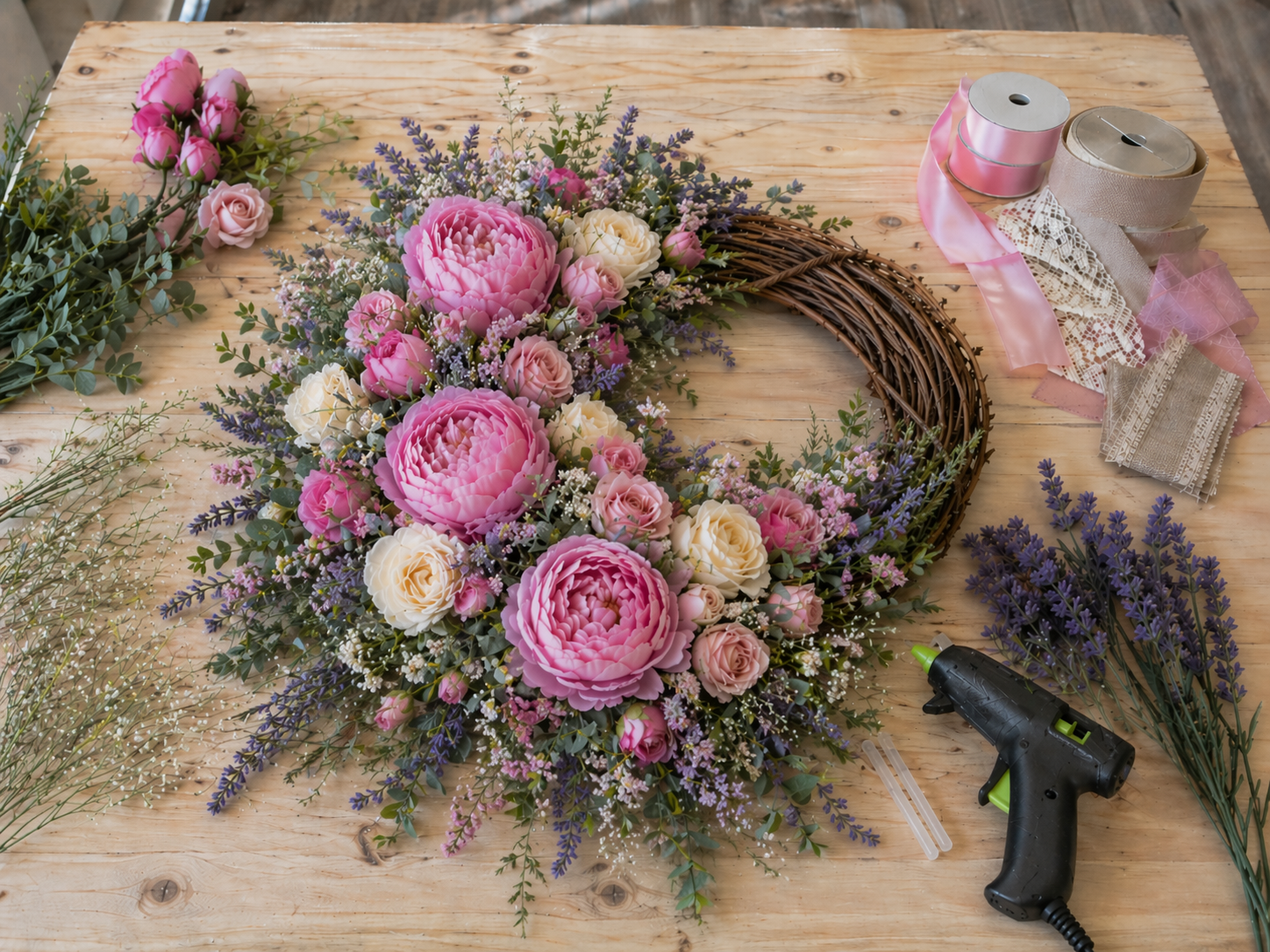How to add filler flowers & greens - Easy DIY Mother’s Day Wreath with Pink Peonies DIY tutorial