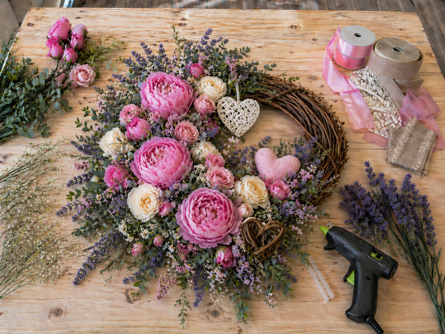 How to attach heart embellishments - Easy DIY Mother’s Day Wreath with Pink Peonies DIY tutorial