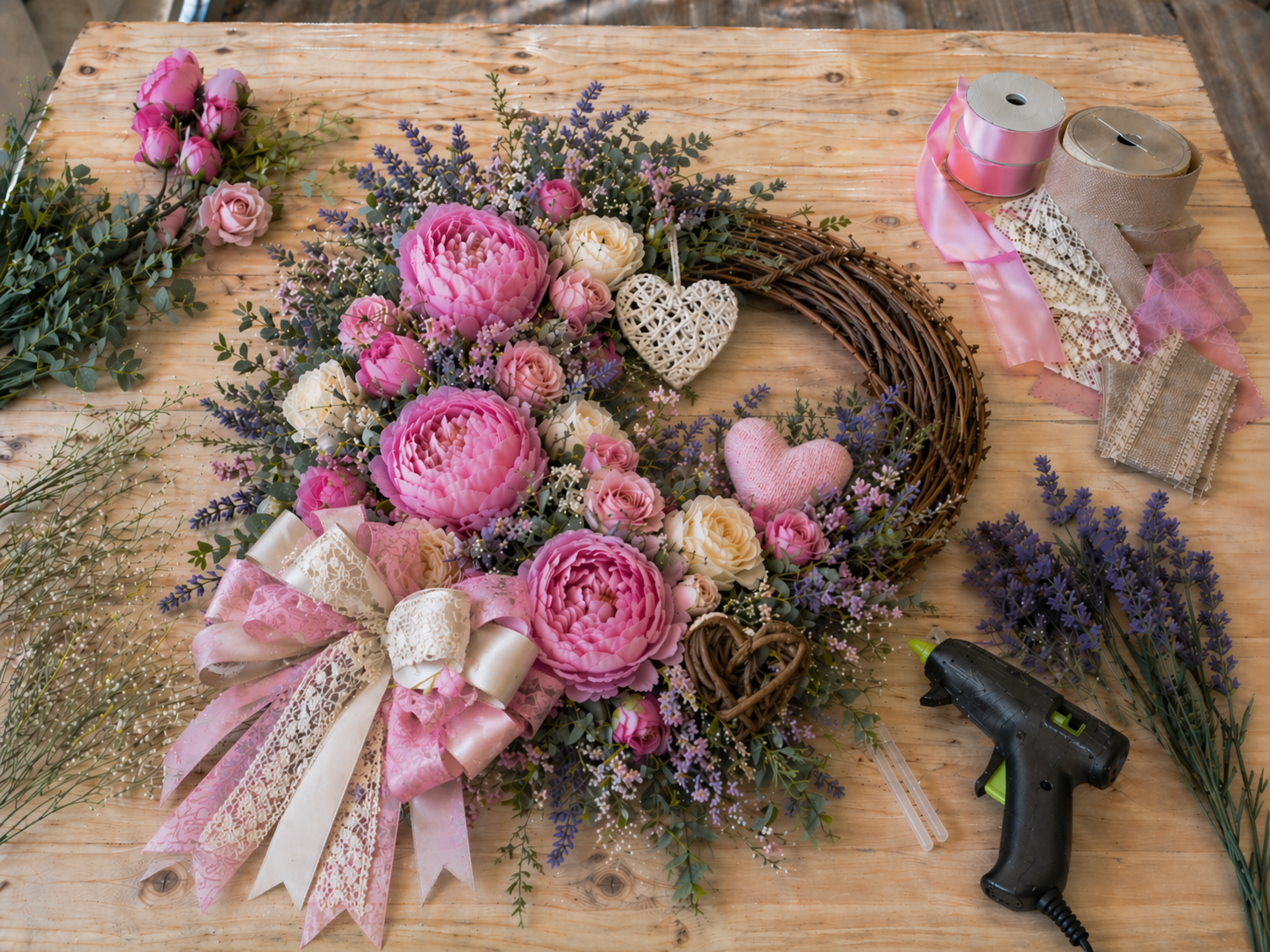 How to create & attach layered bow - Easy DIY Mother’s Day Wreath with Pink Peonies DIY tutorial