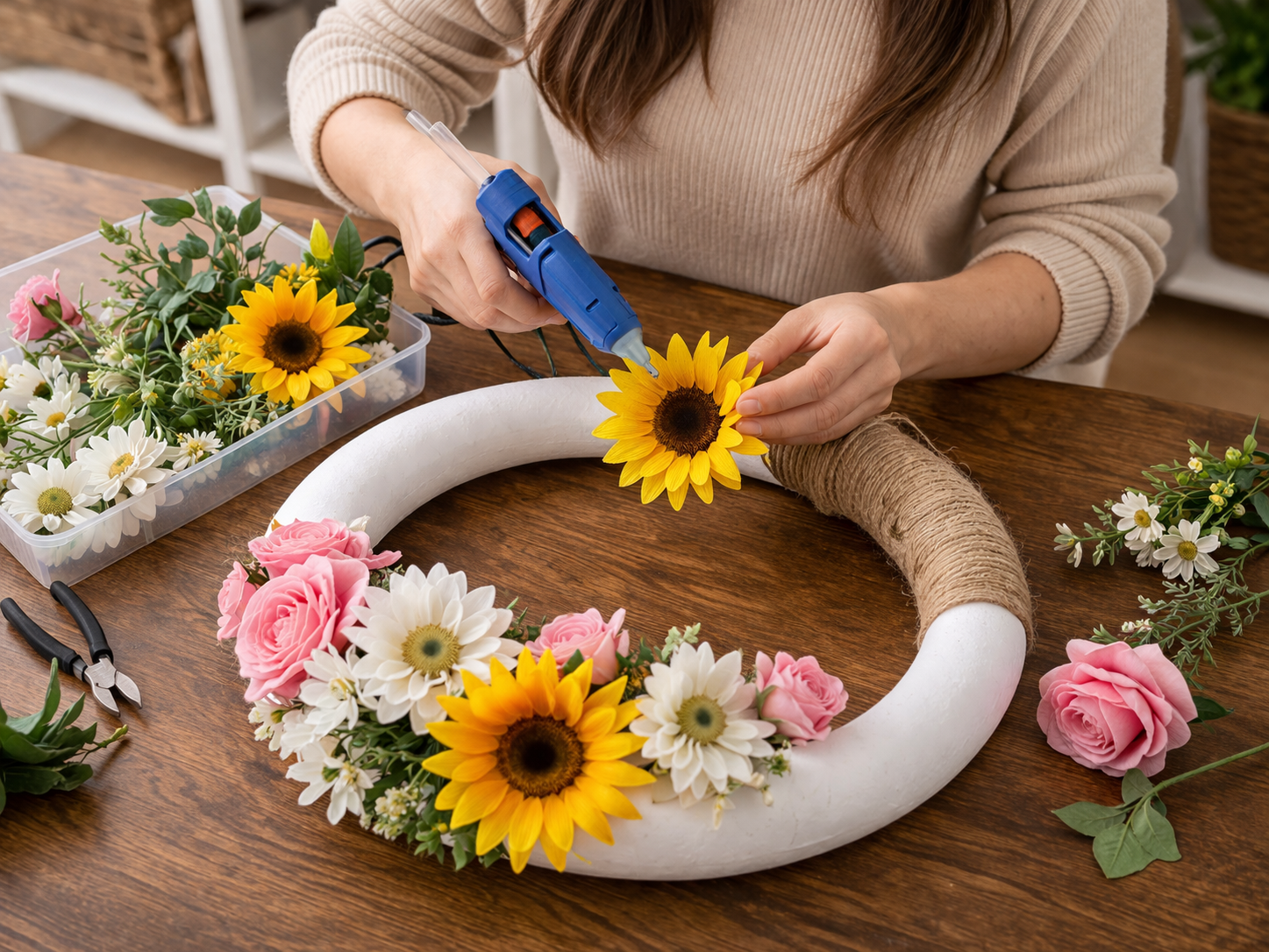 How to place focal flowers - Effortless Spring Blossom Wreath: A Dollar Tree Floral Masterpiece DIY tutorial