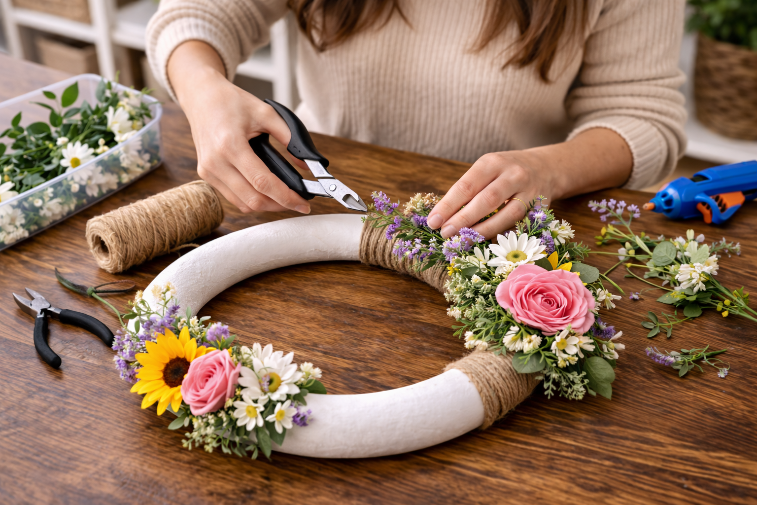 How to add filler & greenery - Effortless Spring Blossom Wreath: A Dollar Tree Floral Masterpiece DIY tutorial