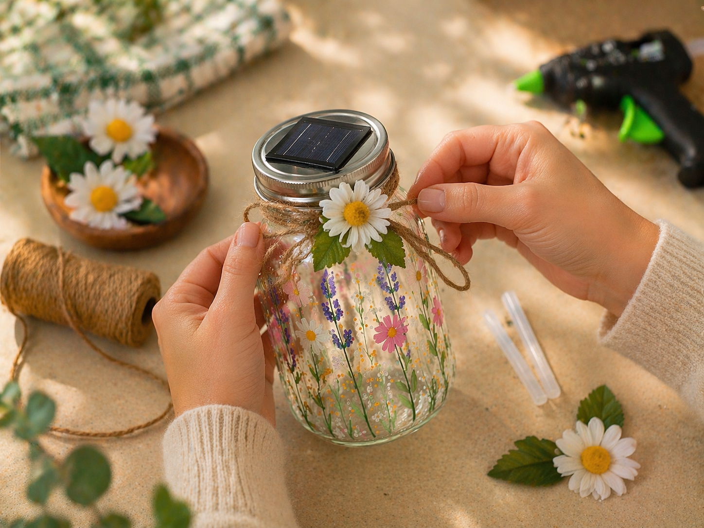 How to embellish with twine & flower - Garden Bloom Solar Jar Lantern DIY tutorial