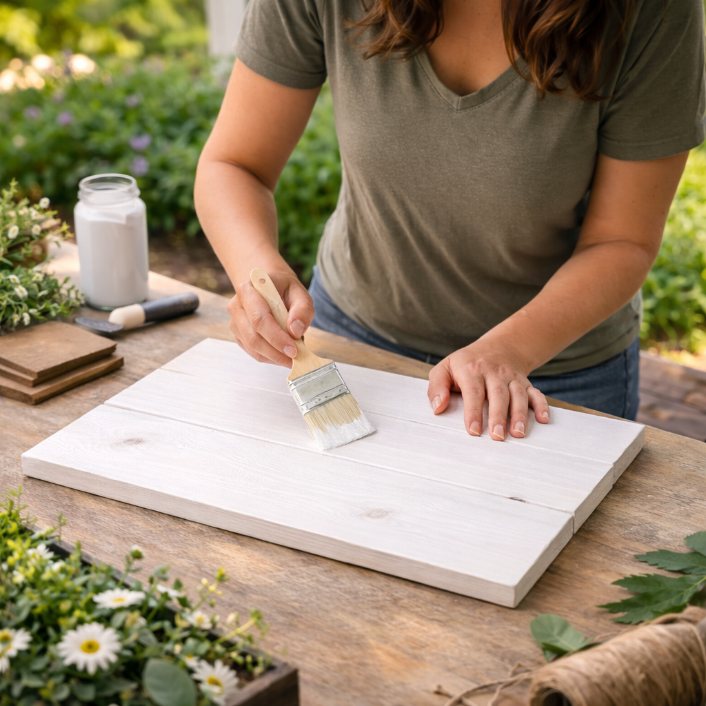 How to apply base coat paint - Rustic Farmhouse Garden Welcome Sign DIY tutorial