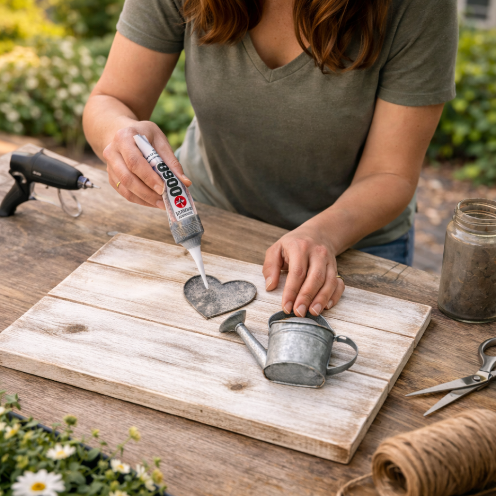How to secure metal elements - Rustic Farmhouse Garden Welcome Sign DIY tutorial