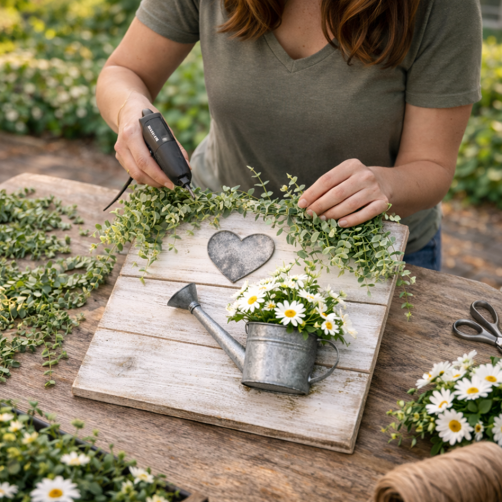 How to arrange faux greenery & flowers - Rustic Farmhouse Garden Welcome Sign DIY tutorial