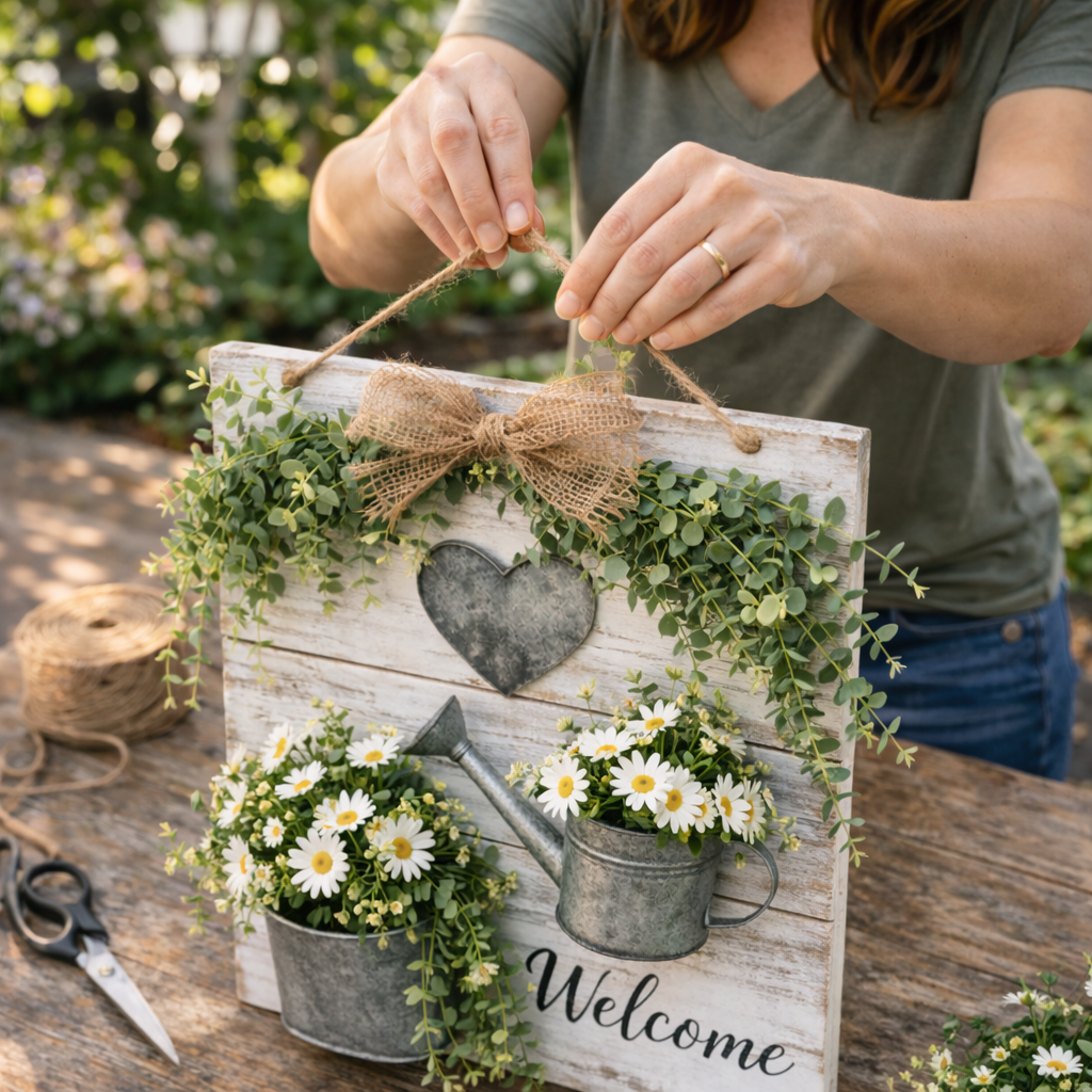 How to finish with hanger and bow - Rustic Farmhouse Garden Welcome Sign DIY tutorial