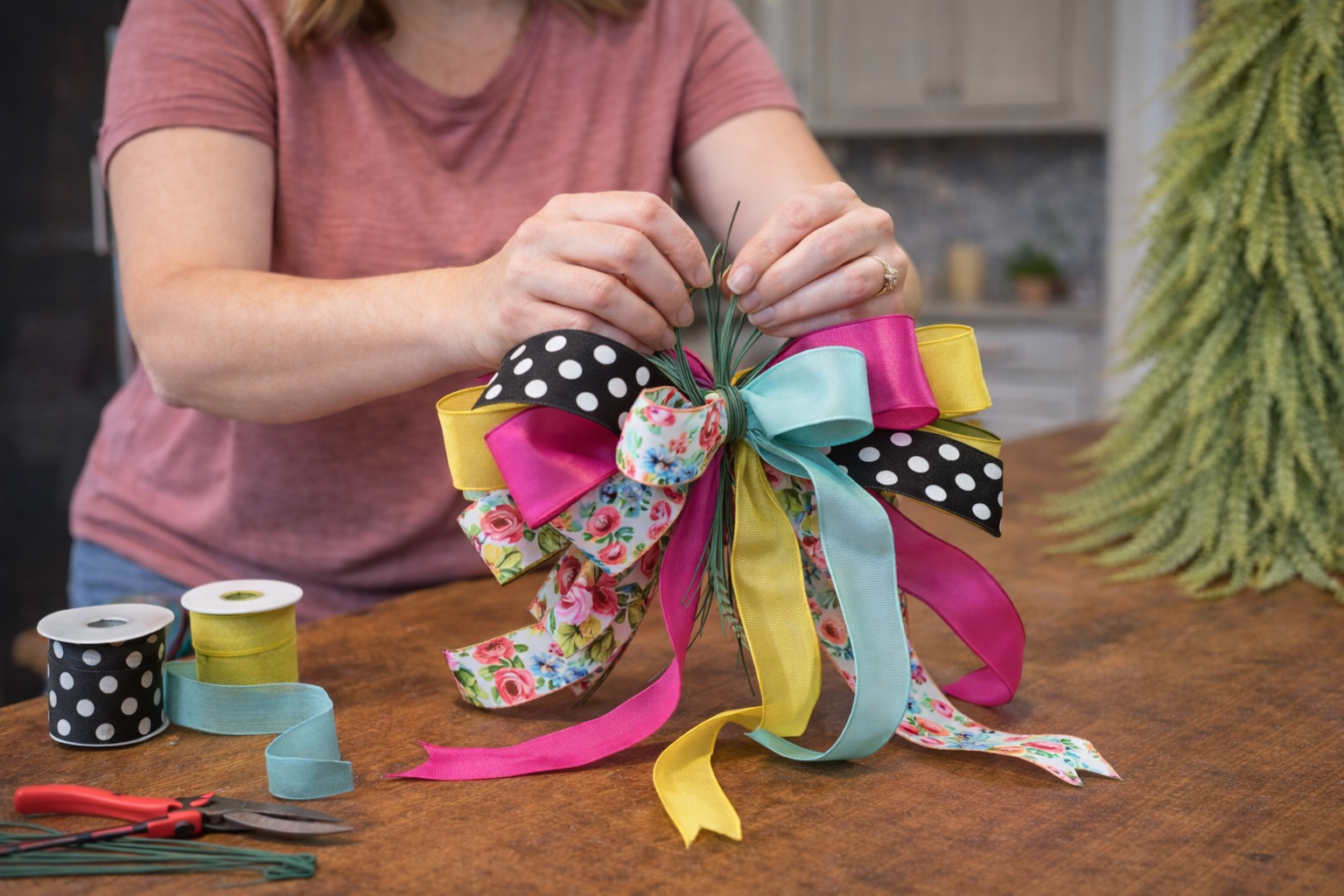 How to craft the multi-ribbon bow - Vibrant Cascading Spring Door Swag DIY tutorial