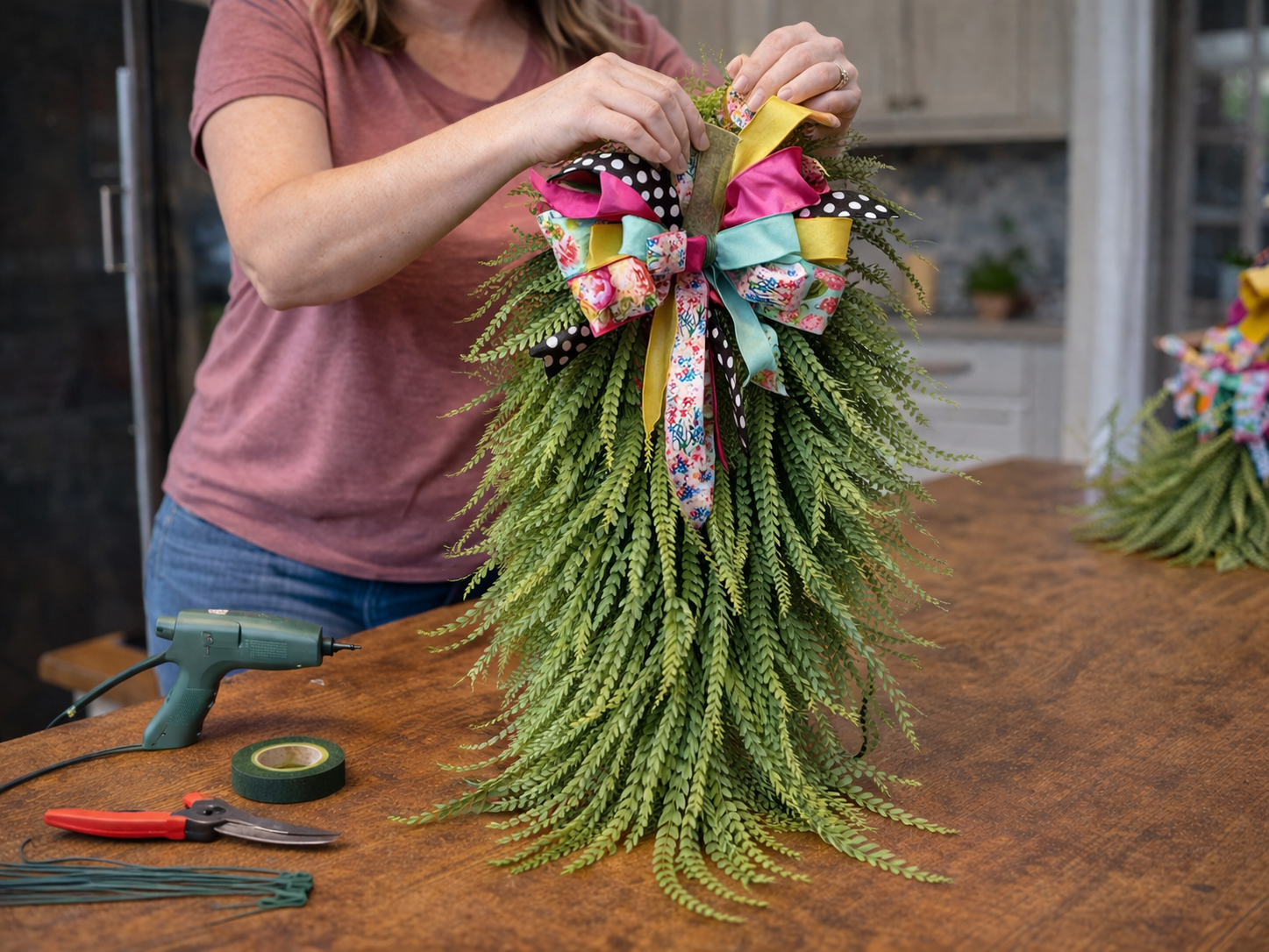 How to attach the decorative bow - Vibrant Cascading Spring Door Swag DIY tutorial