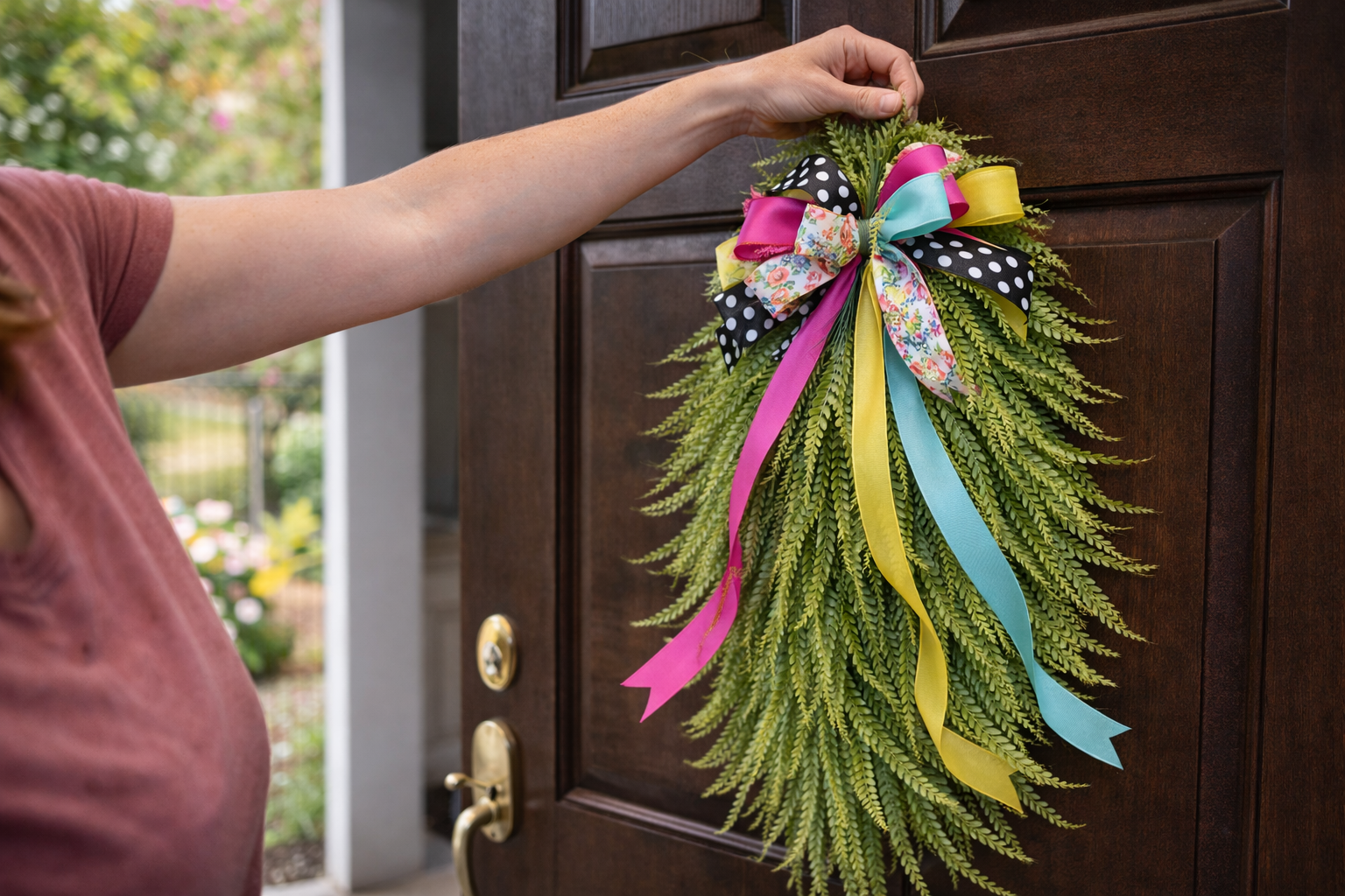 How to arrange tails & final adjustments - Vibrant Cascading Spring Door Swag DIY tutorial