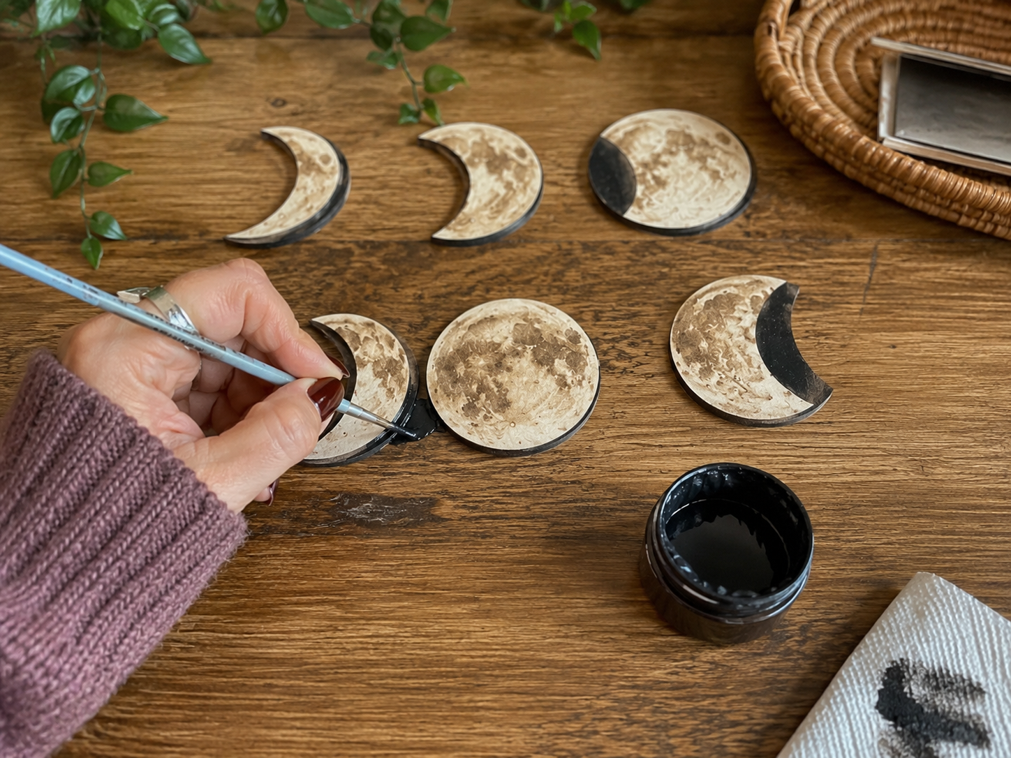 How to paint lunar phase shadows - Boho Celestial Moon Phase Wall Art (Dollar Tree DIY) DIY tutorial