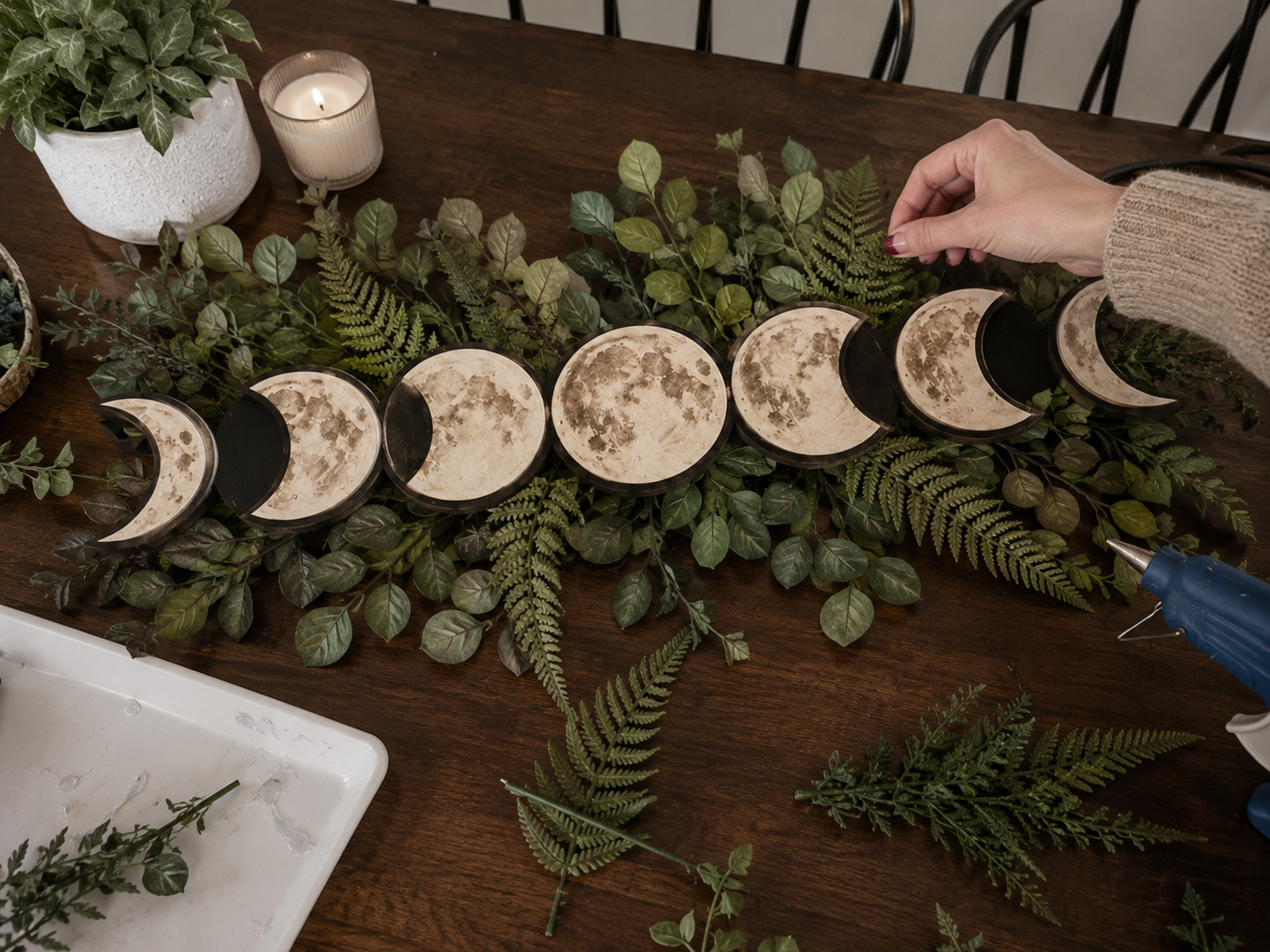 How to layer base greenery - Boho Celestial Moon Phase Wall Art (Dollar Tree DIY) DIY tutorial
