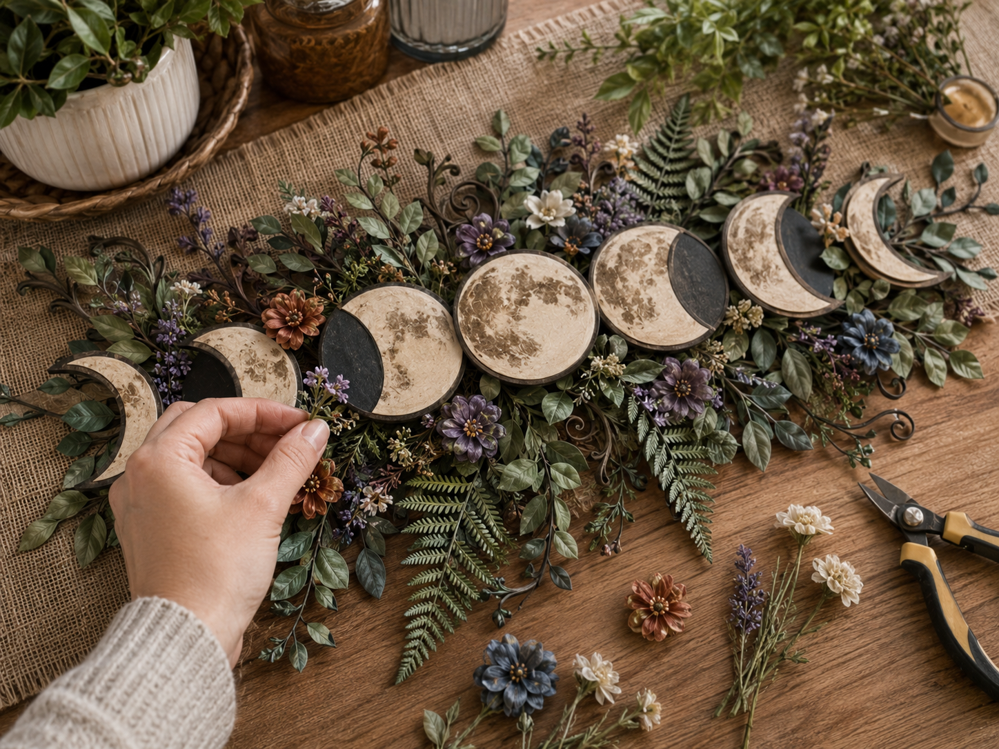 How to add flowers & accent foliage - Boho Celestial Moon Phase Wall Art (Dollar Tree DIY) DIY tutorial