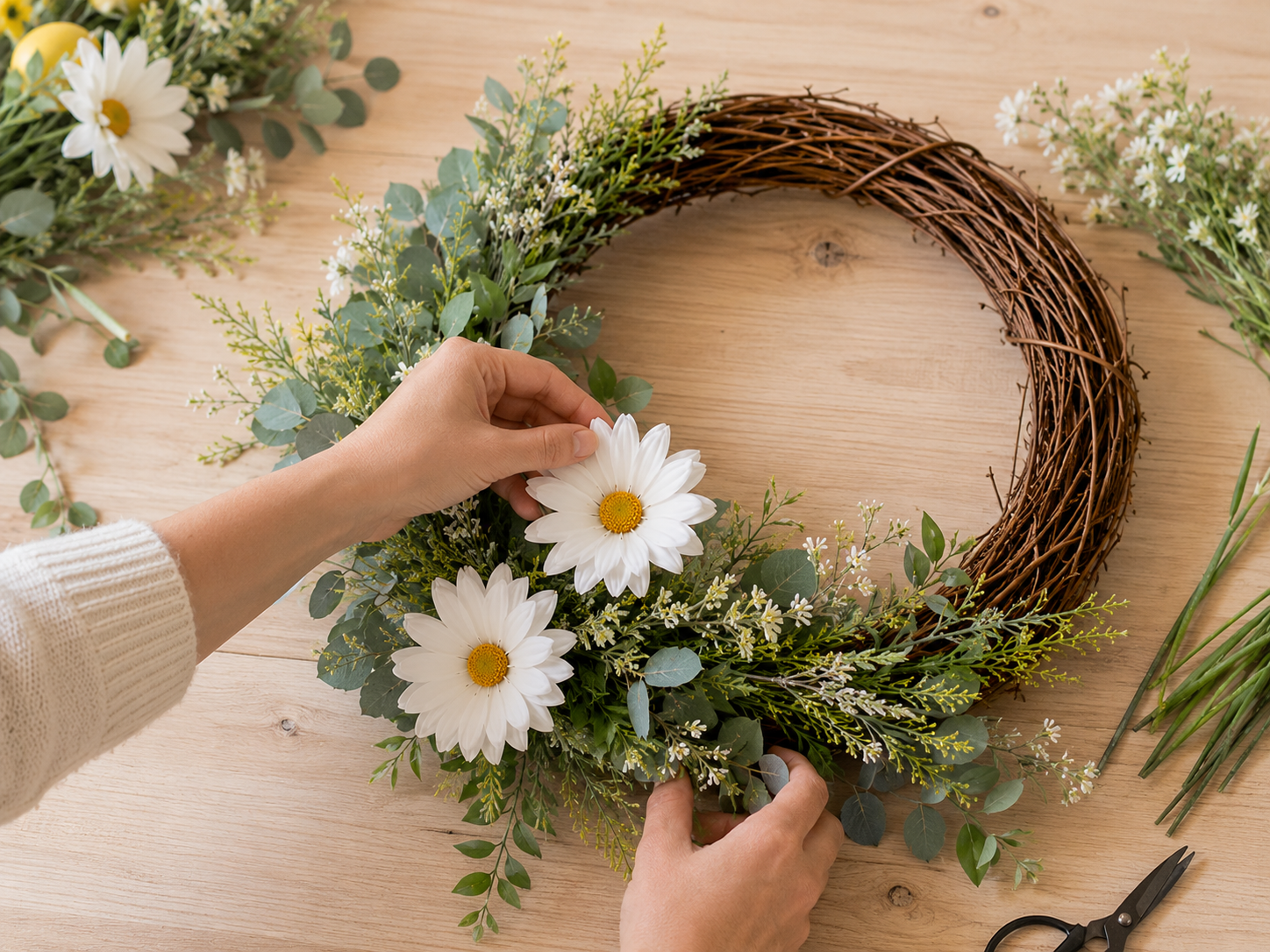 How to place main focal flowers - Boutique-Style Dollar Tree Summer Lemon & Daisy Wreath DIY tutorial