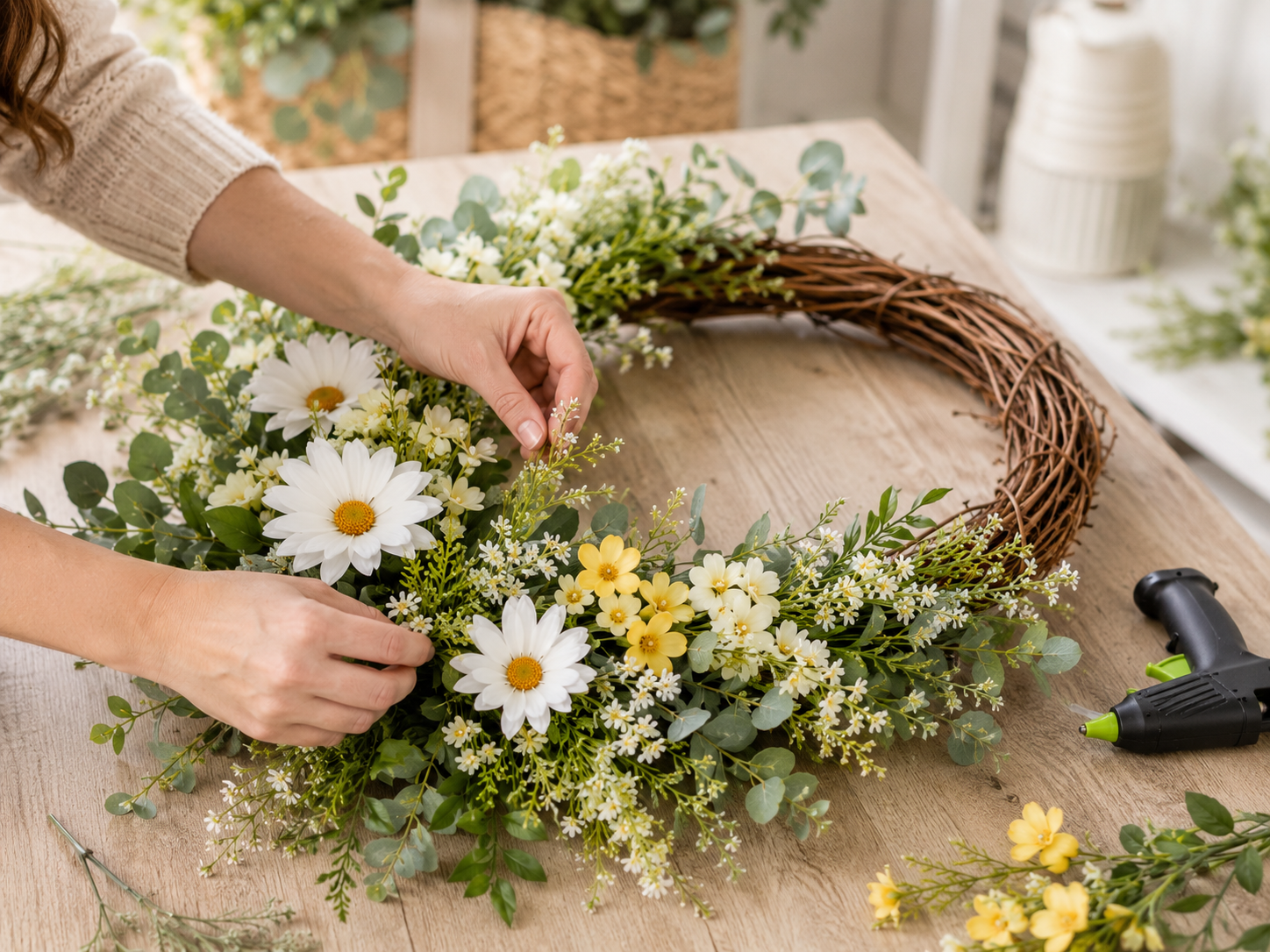 How to incorporate filler blooms - Boutique-Style Dollar Tree Summer Lemon & Daisy Wreath DIY tutorial