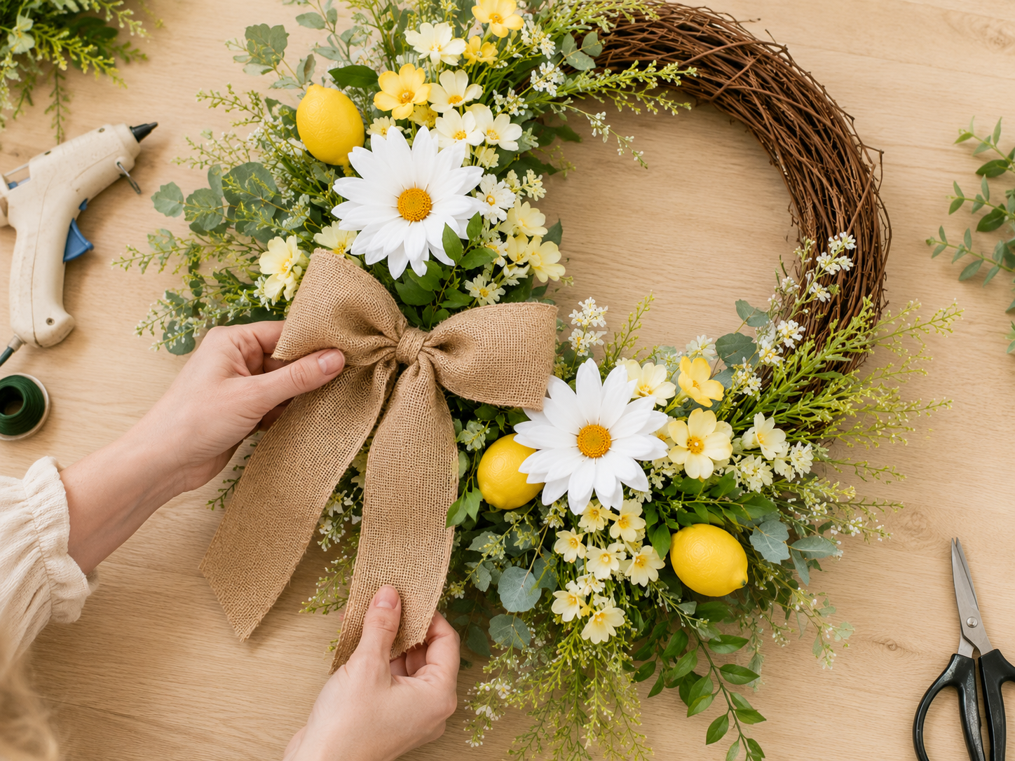 How to fashion and attach the burlap bow - Boutique-Style Dollar Tree Summer Lemon & Daisy Wreath DIY tutorial