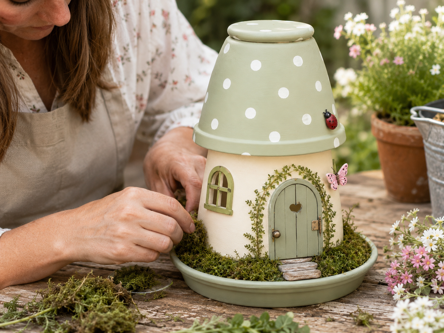 How to add moss & greenery - Charming Dollar Tree Fairy Garden House DIY DIY tutorial