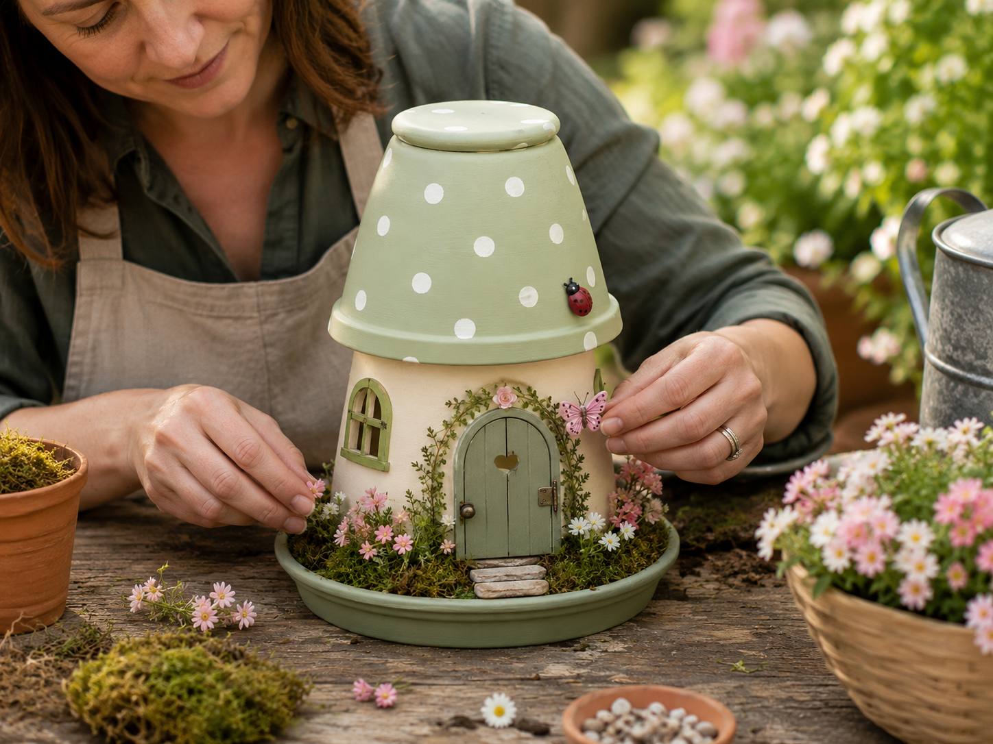 How to embellish with flowers & details - Charming Dollar Tree Fairy Garden House DIY DIY tutorial