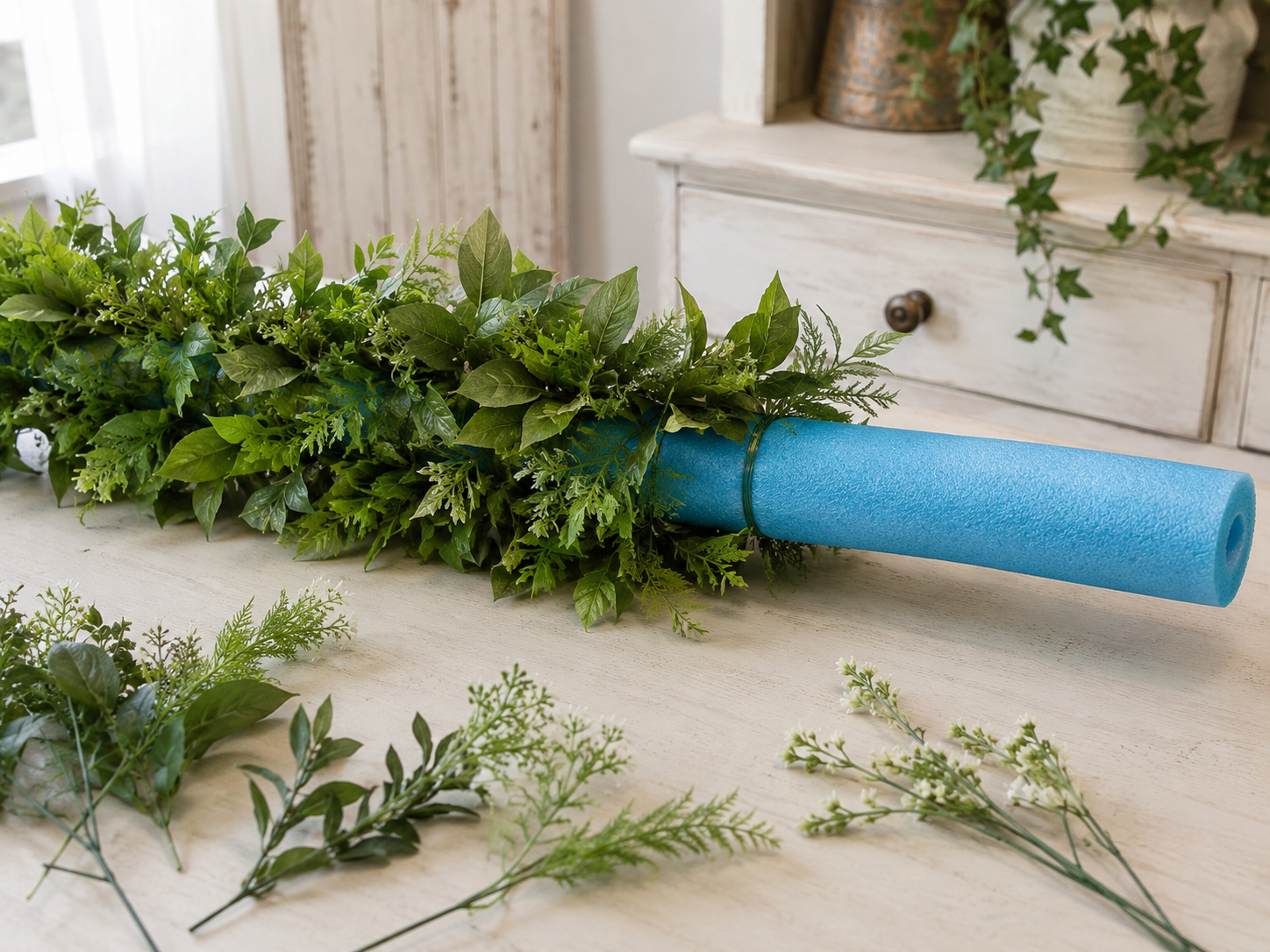 How to attach base greenery - Charming Farmhouse Floral Porch Garland (Pool Noodle Base!) DIY tutorial