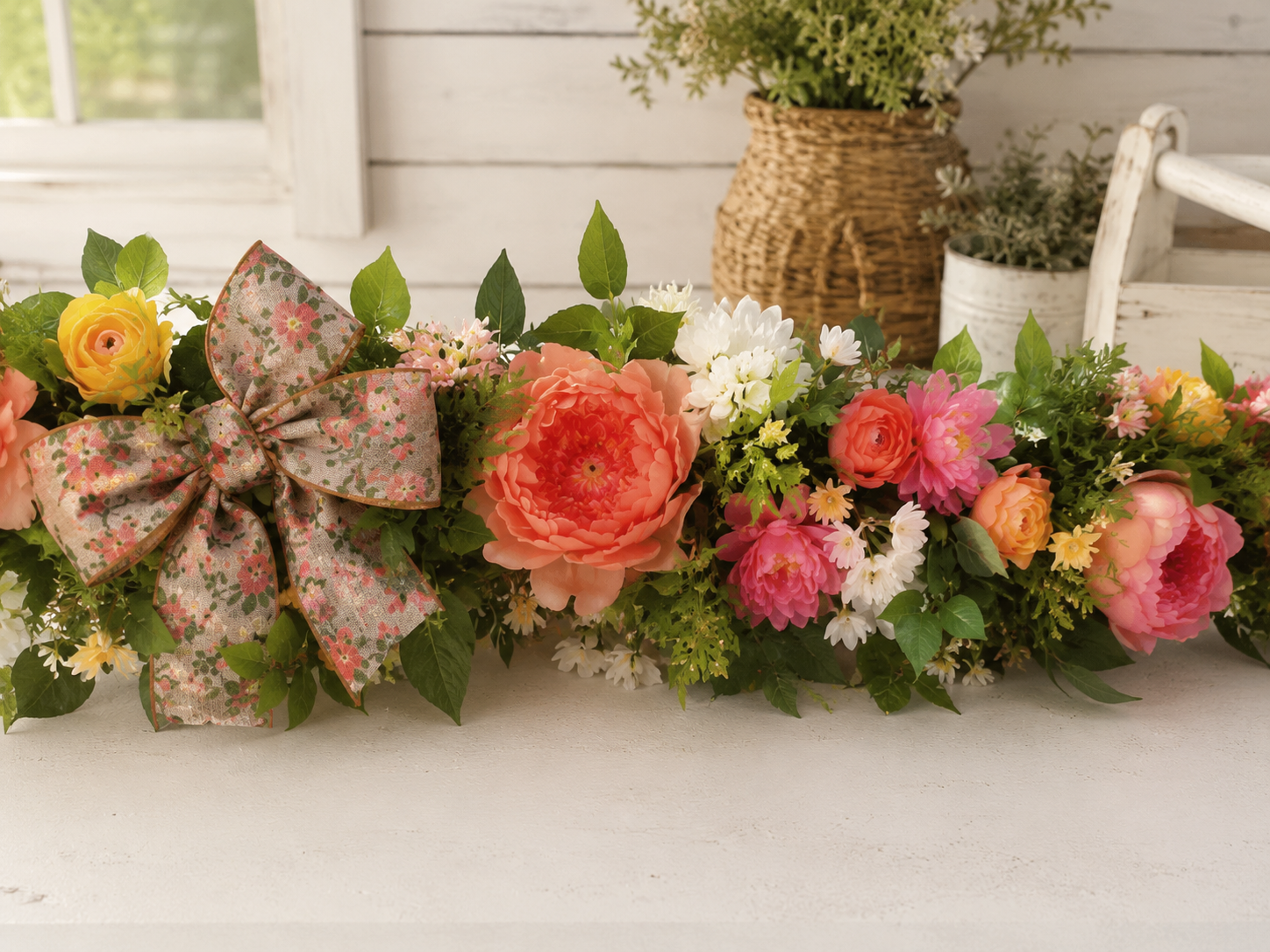 How to attach the ribbon bow - Charming Farmhouse Floral Porch Garland (Pool Noodle Base!) DIY tutorial