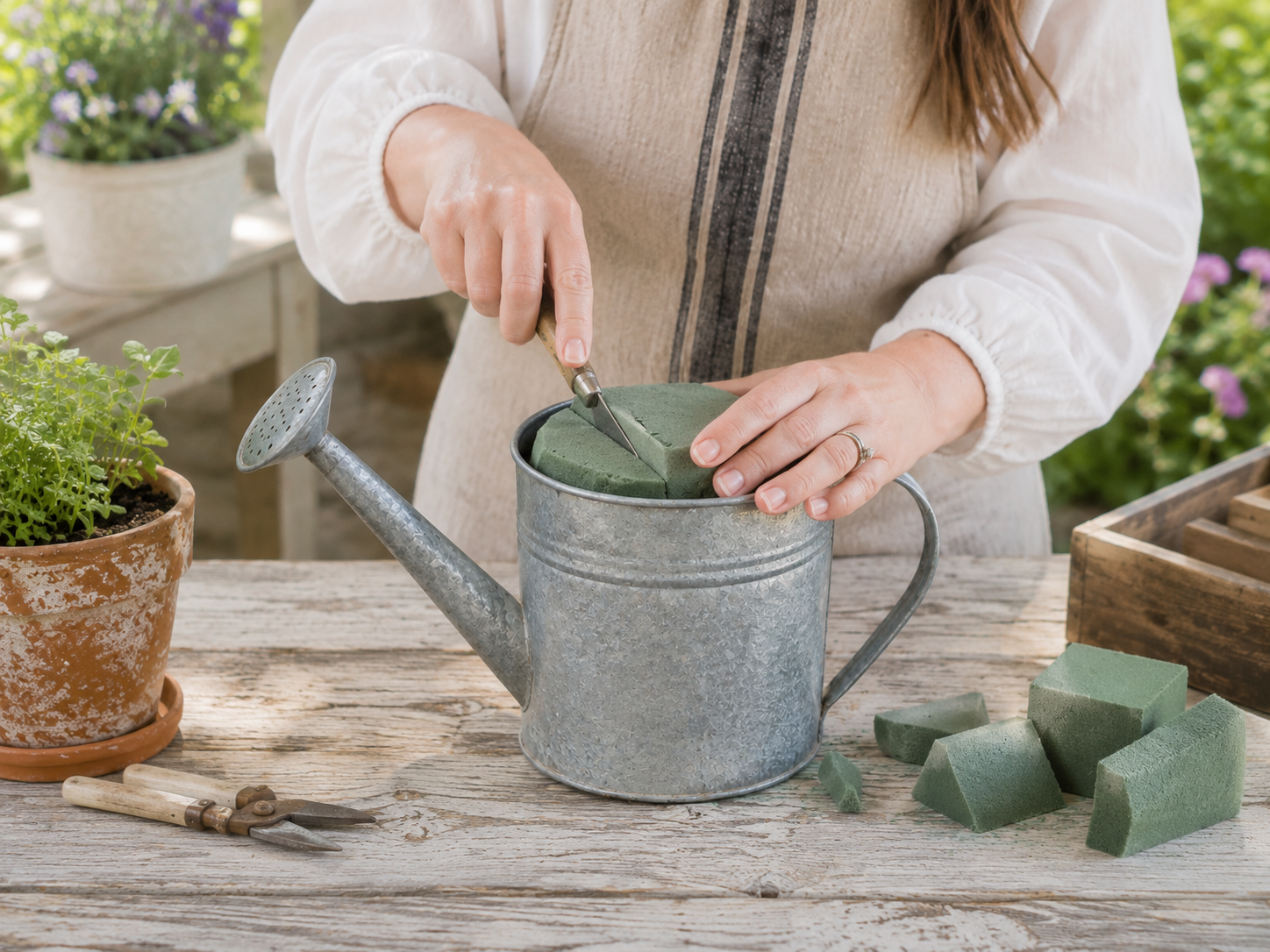 How to secure floral foam base - Charming Farmhouse Garden Watering Can Arrangement DIY tutorial