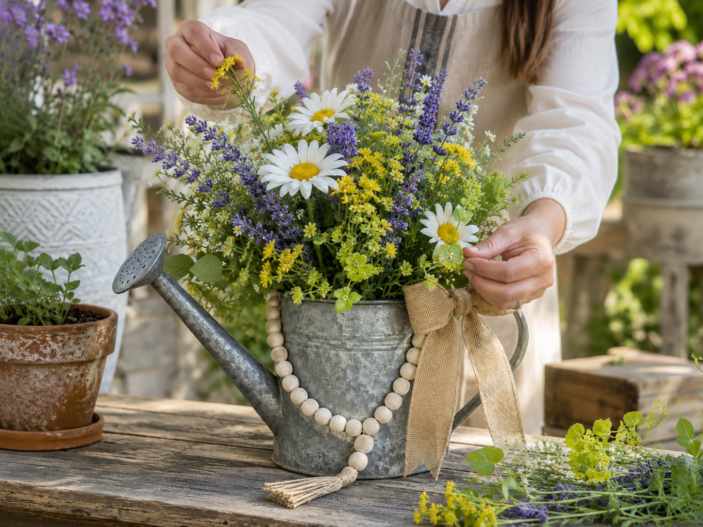 How to add volume & fullness - Charming Farmhouse Garden Watering Can Arrangement DIY tutorial