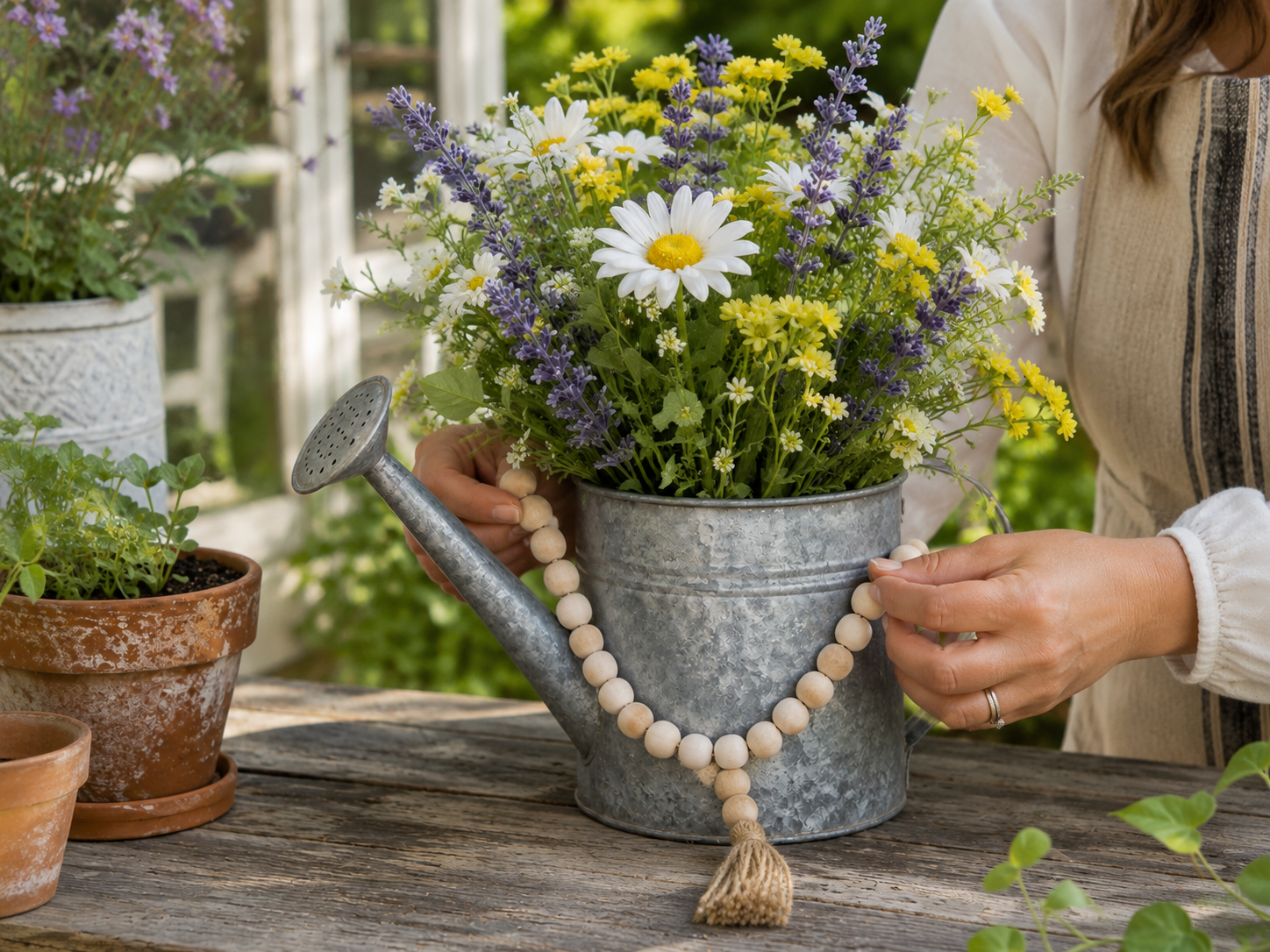 How to drape rustic bead garland - Charming Farmhouse Garden Watering Can Arrangement DIY tutorial