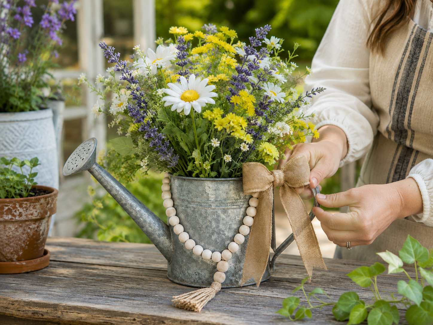 How to add burlap bow - Charming Farmhouse Garden Watering Can Arrangement DIY tutorial