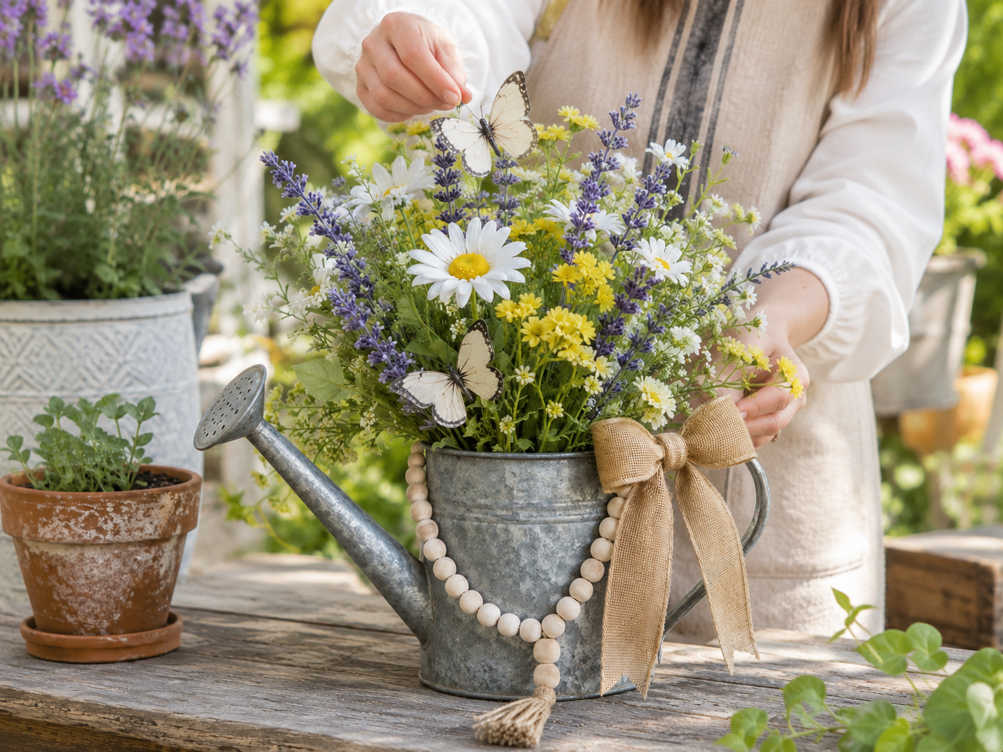 How to affix whimsical butterflies - Charming Farmhouse Garden Watering Can Arrangement DIY tutorial