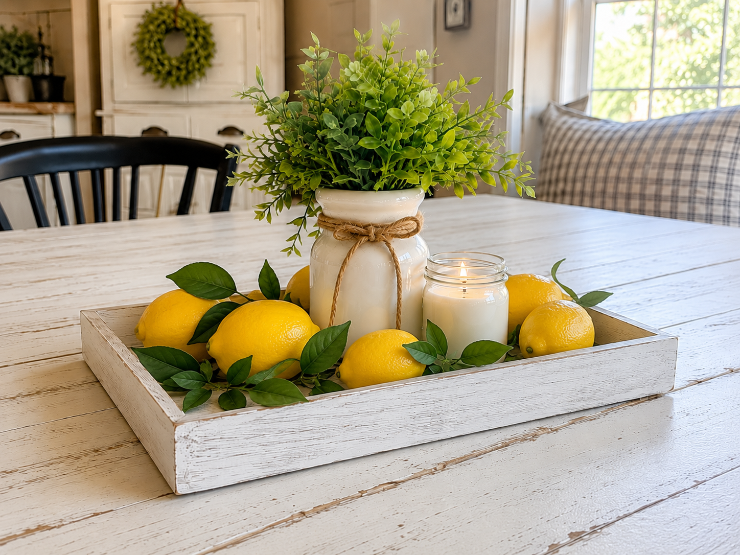 How to fill with lemons and leaves - Cheerful Farmhouse Lemon Summer Tray Centerpiece DIY tutorial