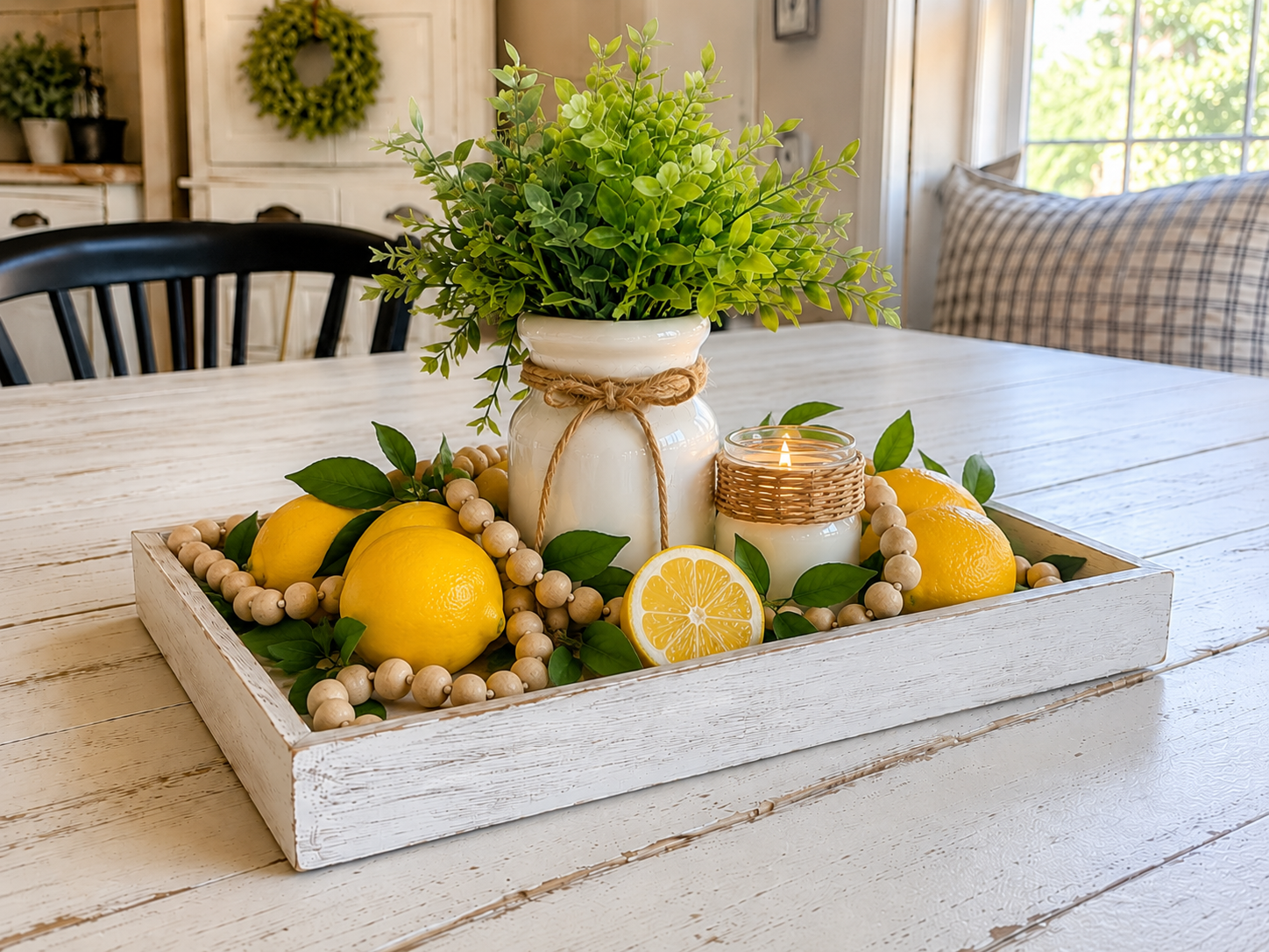 How to drape garland and finish - Cheerful Farmhouse Lemon Summer Tray Centerpiece DIY tutorial