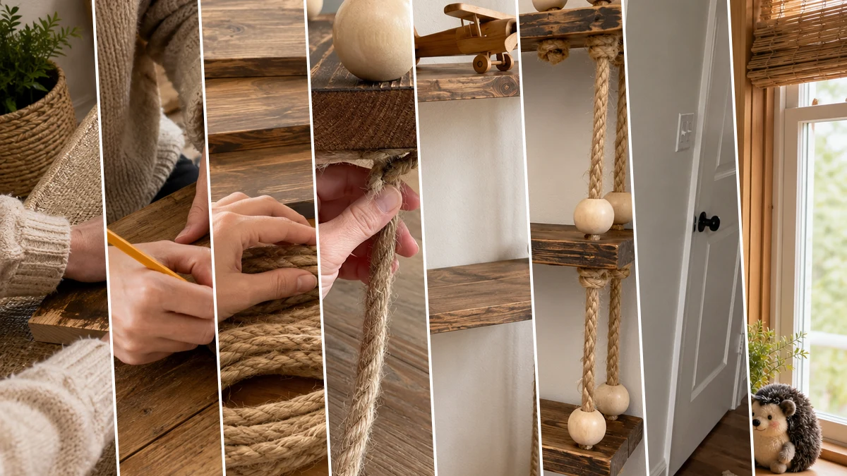 Cozy Boho Kids Room Hanging Rope Shelves