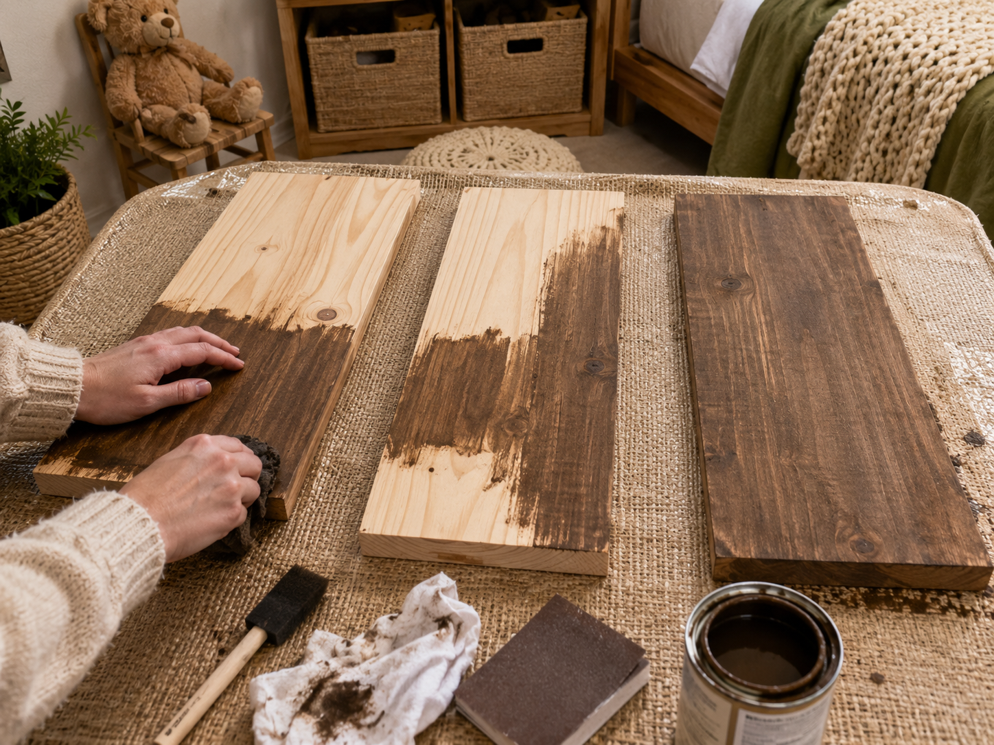 How to prepare & stain wood boards - Cozy Boho Kids Room Hanging Rope Shelves DIY tutorial