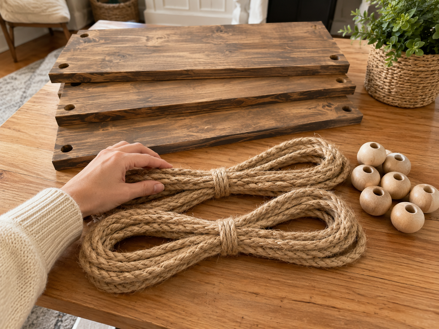 How to cut rope & prep beads - Cozy Boho Kids Room Hanging Rope Shelves DIY tutorial