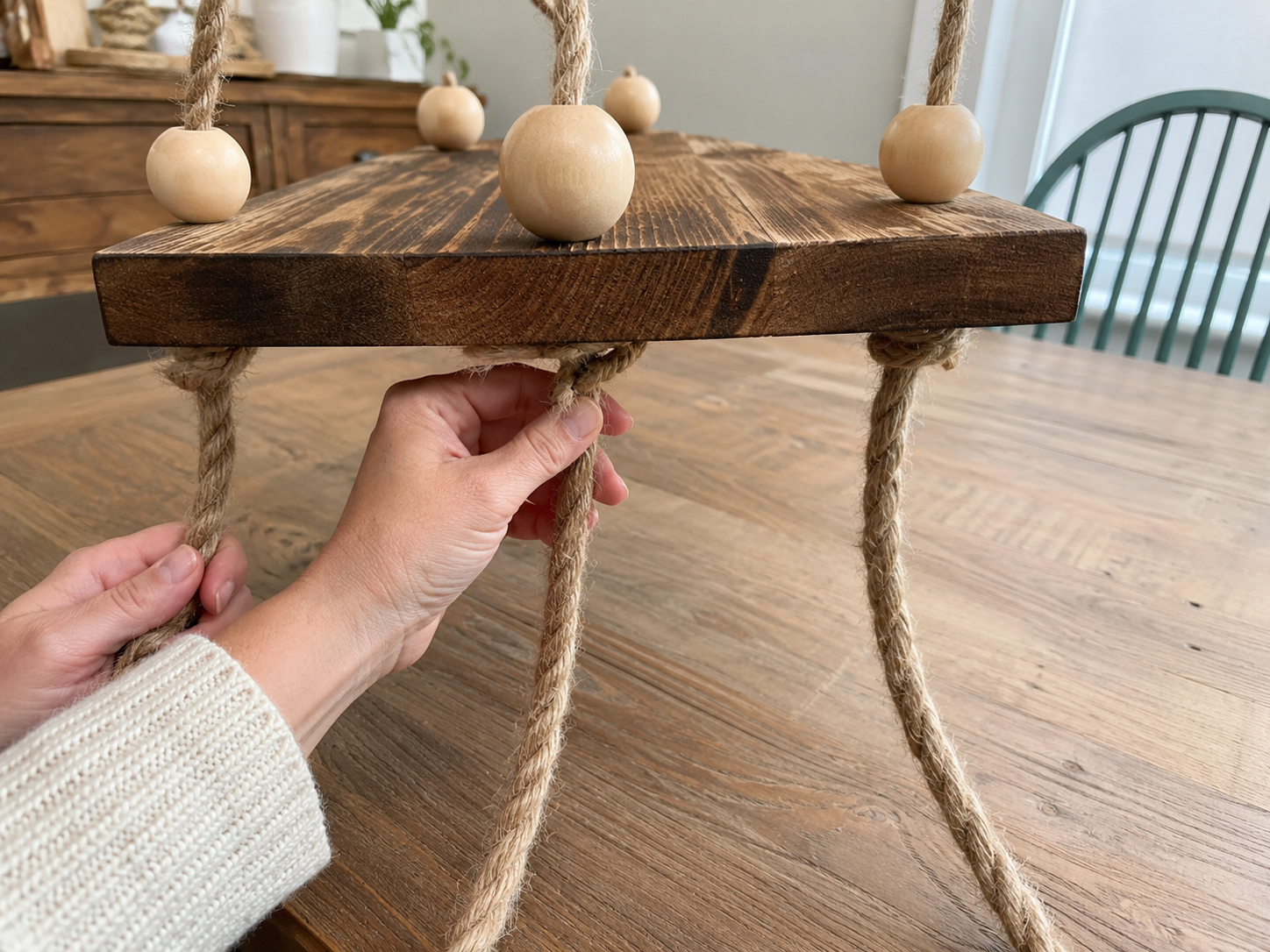 How to thread rope & secure top shelf - Cozy Boho Kids Room Hanging Rope Shelves DIY tutorial