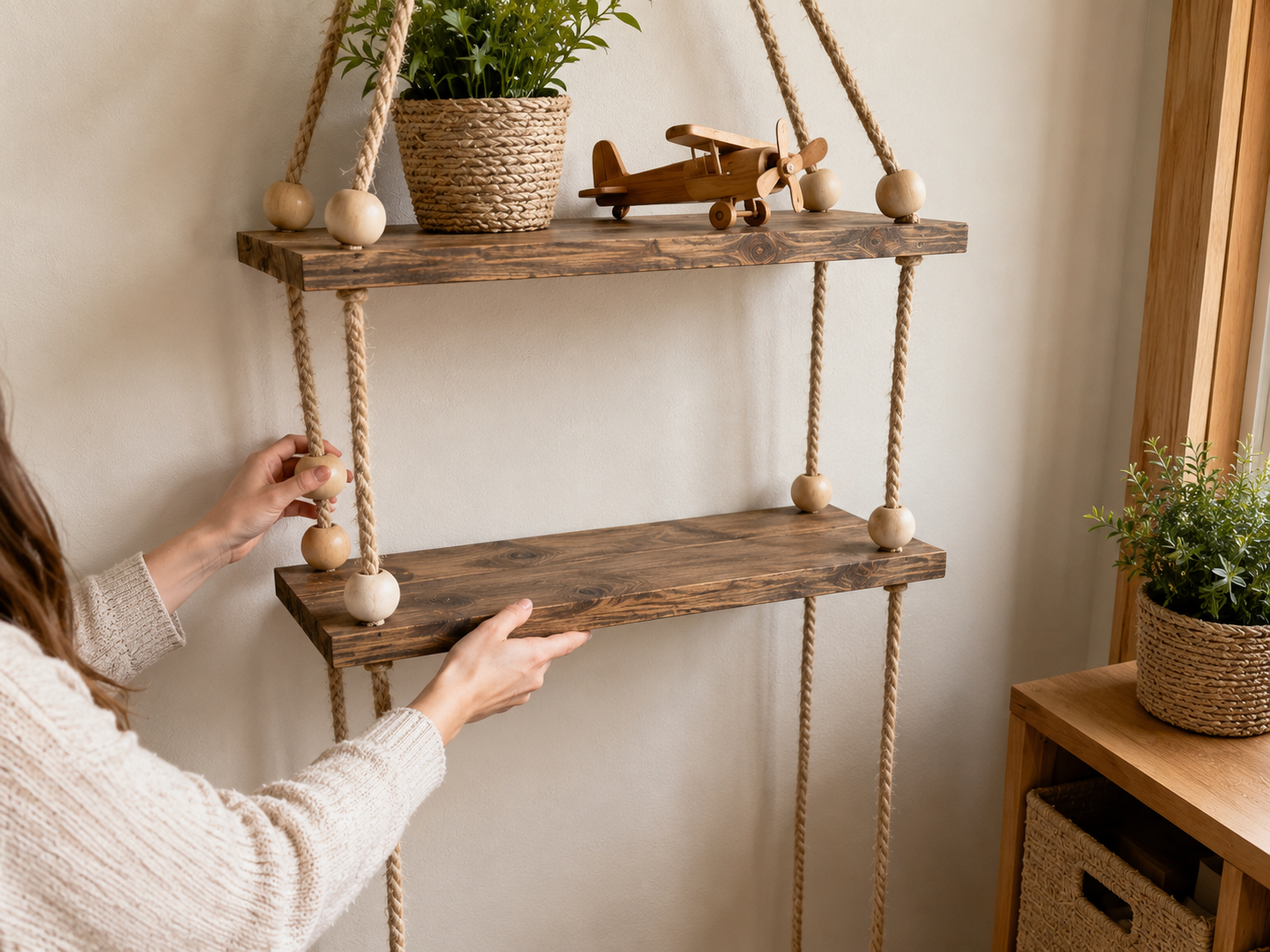 How to add beads & level middle shelf - Cozy Boho Kids Room Hanging Rope Shelves DIY tutorial