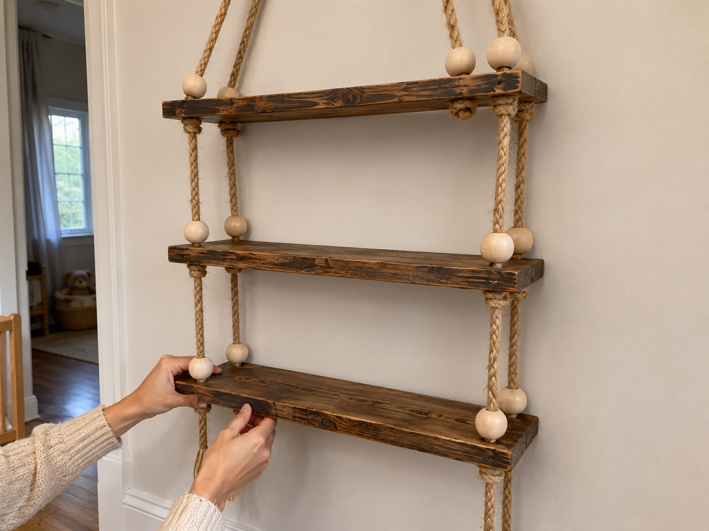 How to complete third shelf & secure - Cozy Boho Kids Room Hanging Rope Shelves DIY tutorial