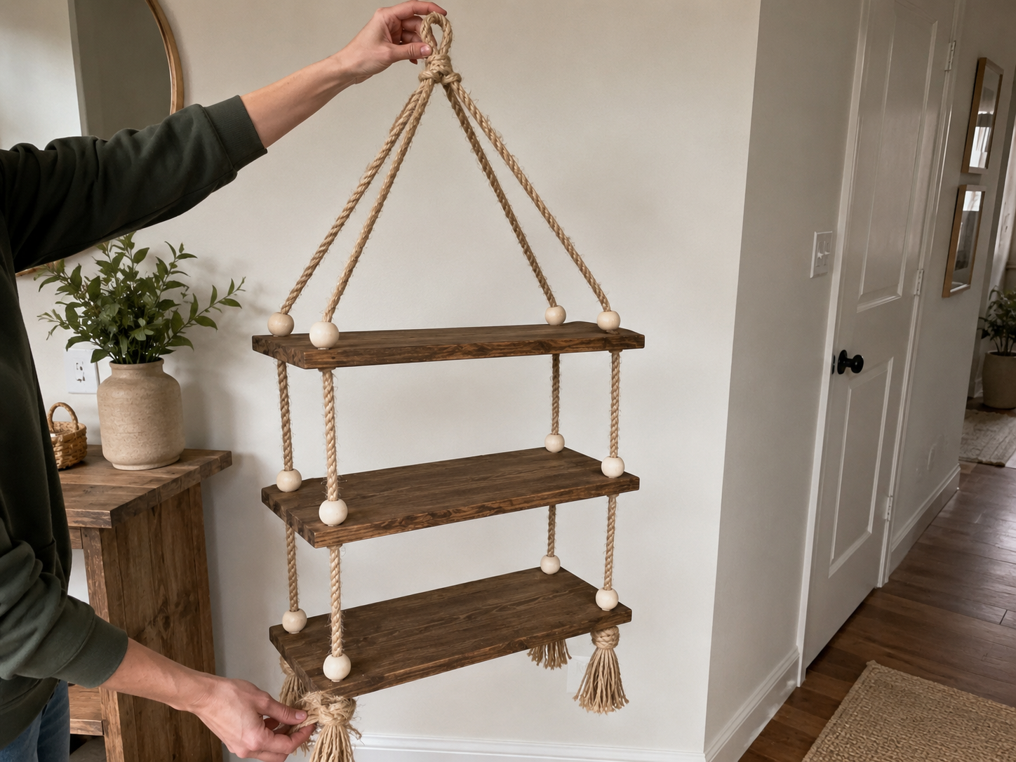 How to form hanging loop & add tassels - Cozy Boho Kids Room Hanging Rope Shelves DIY tutorial